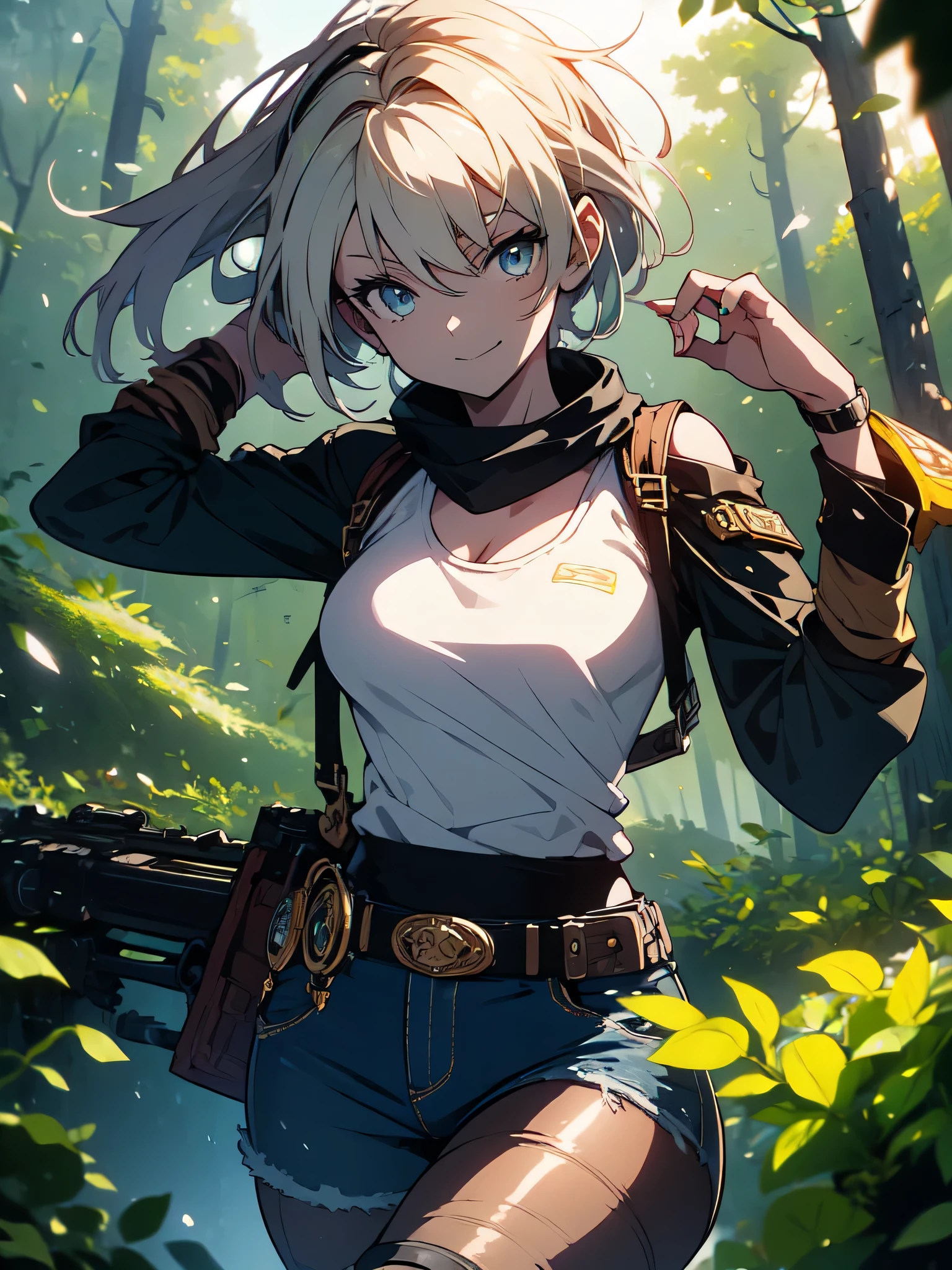 ((((masterpiece)))), expensive quality, very_expensive_solve, big_file size, full color, Steampunk featuring futuristic planets,, in a distant forest, Bustling foreigner market, and off-road bike. The main character is a beautiful girl with a beautiful upper body., short blonde hair, and a silvery smile., mechanized weapons. wearing a white tank top, Damaged Denim Shorts, Engineer boot, and off-road bikeに乗って. beautiful anime