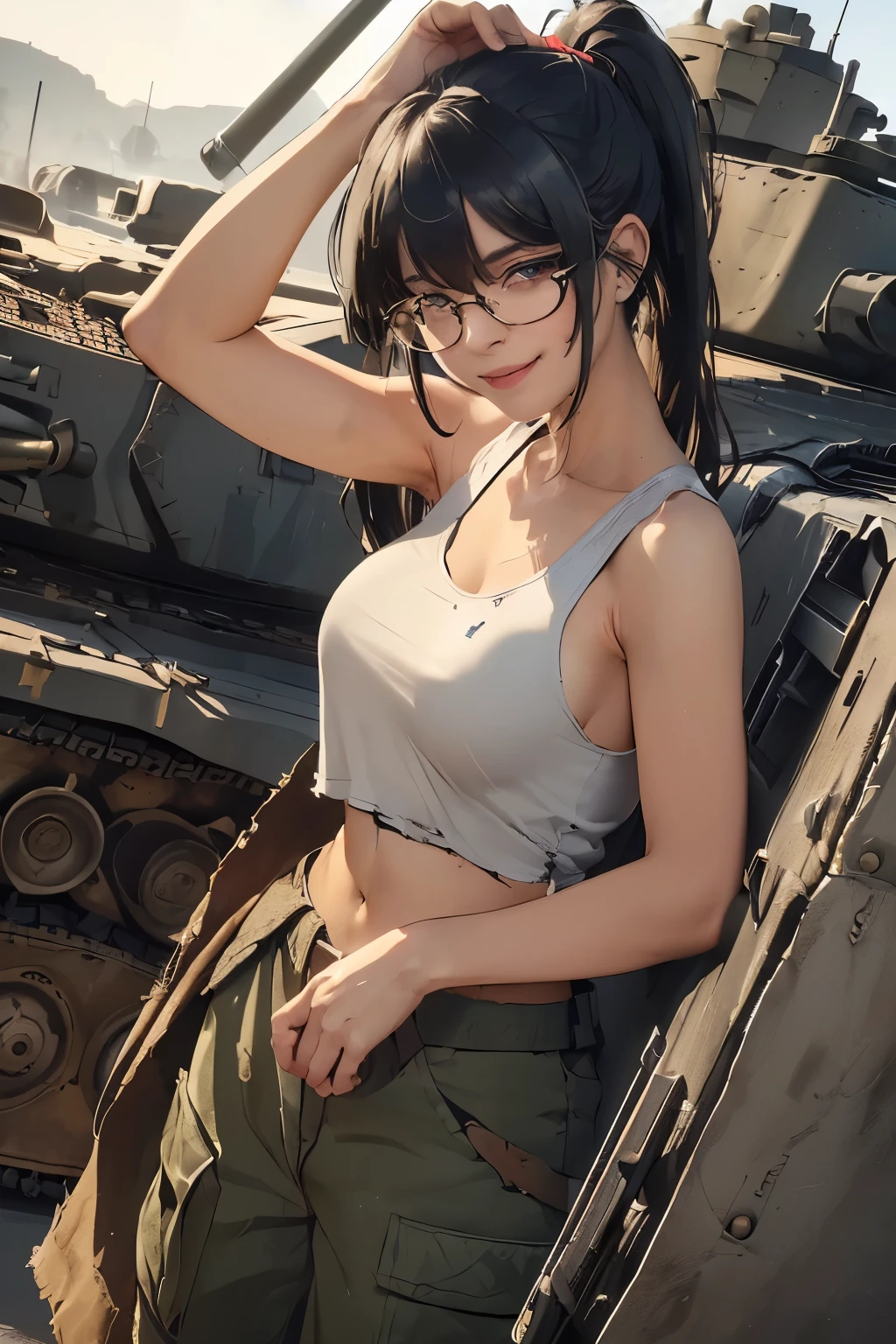 ((wide angle image)), beautiful female veteran, black hair in a ponytail, bangs, wearing large glasses, with a wound, injured, smiling confidently, (((wearing a white military tank top, layered with a ww2 Oversized military uniform, wearing ww2 military pants Oversized, Distressed, worn-out))), on the ww2 battlefield