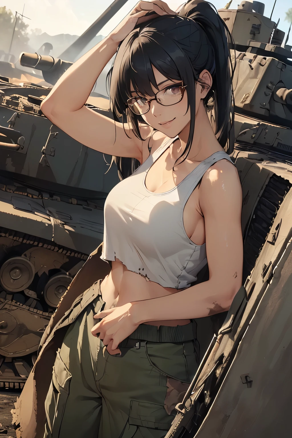 ((wide angle image)), beautiful female veteran, black hair in a ponytail, bangs, wearing large glasses, with a wound, injured, smiling confidently, (((wearing a white military tank top, layered with a ww2 Oversized military uniform, wearing ww2 military pants Oversized, Distressed, worn-out))), on the ww2 battlefield