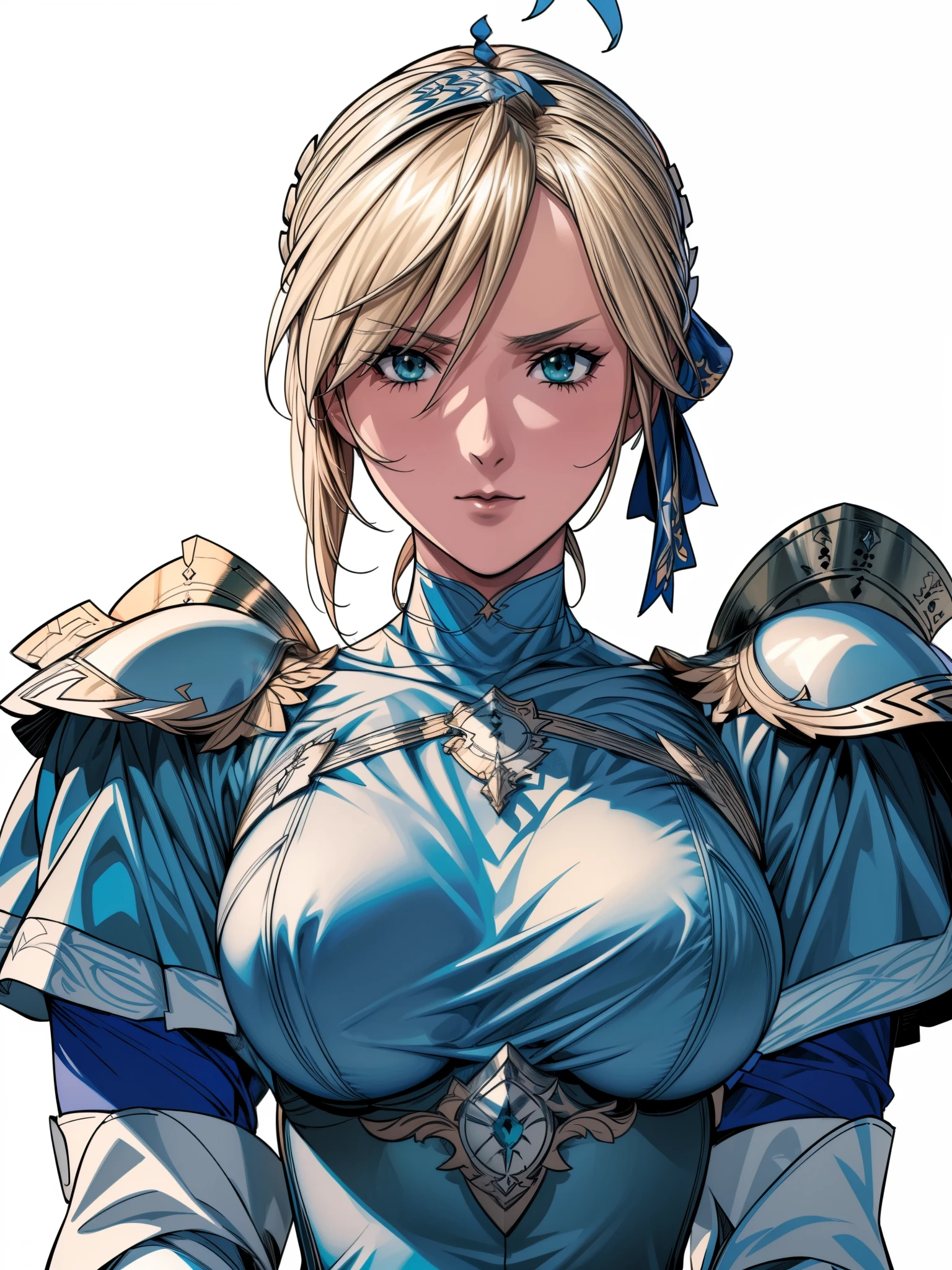 (masterpiece:1.2), (disorganized), (detailed face),(fine eyes), (highest quality) (traditional media:1.2) , (white background), Upper body, (No expression), Artoria_pendragon_(destiny), to know, armor, blonde hair, gauntlet, green eyes, hair ribbon, armored dress, Ahoge, blue clothes,