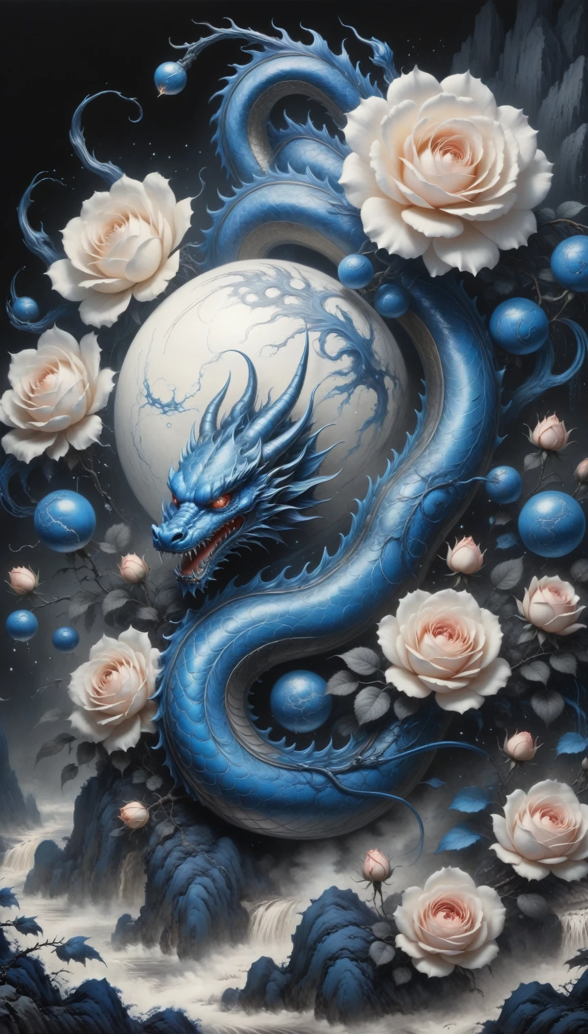 (best quality,4k,highres:1.2),ultra-detailed,realistic,black and white,traditional media,pencil sketch:1.2,chaotic lines,[[[the artist Musa]]],on a dark background,blue charges form stylized outlines of Dragon Balls and a framed rose,bioluminescence
