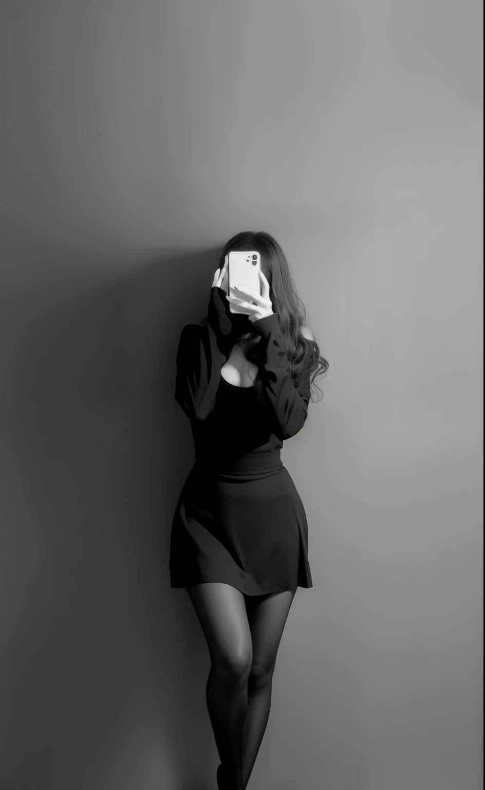 Beautiful girl, Studio photo, photo in the mirror, Girl with wavy hair, curly hair, Hерно-bелое фото, H/b, realism, Hеткое фото, супер каHество, girl holding phone in hands, girl takes a picture in the mirror on her phone