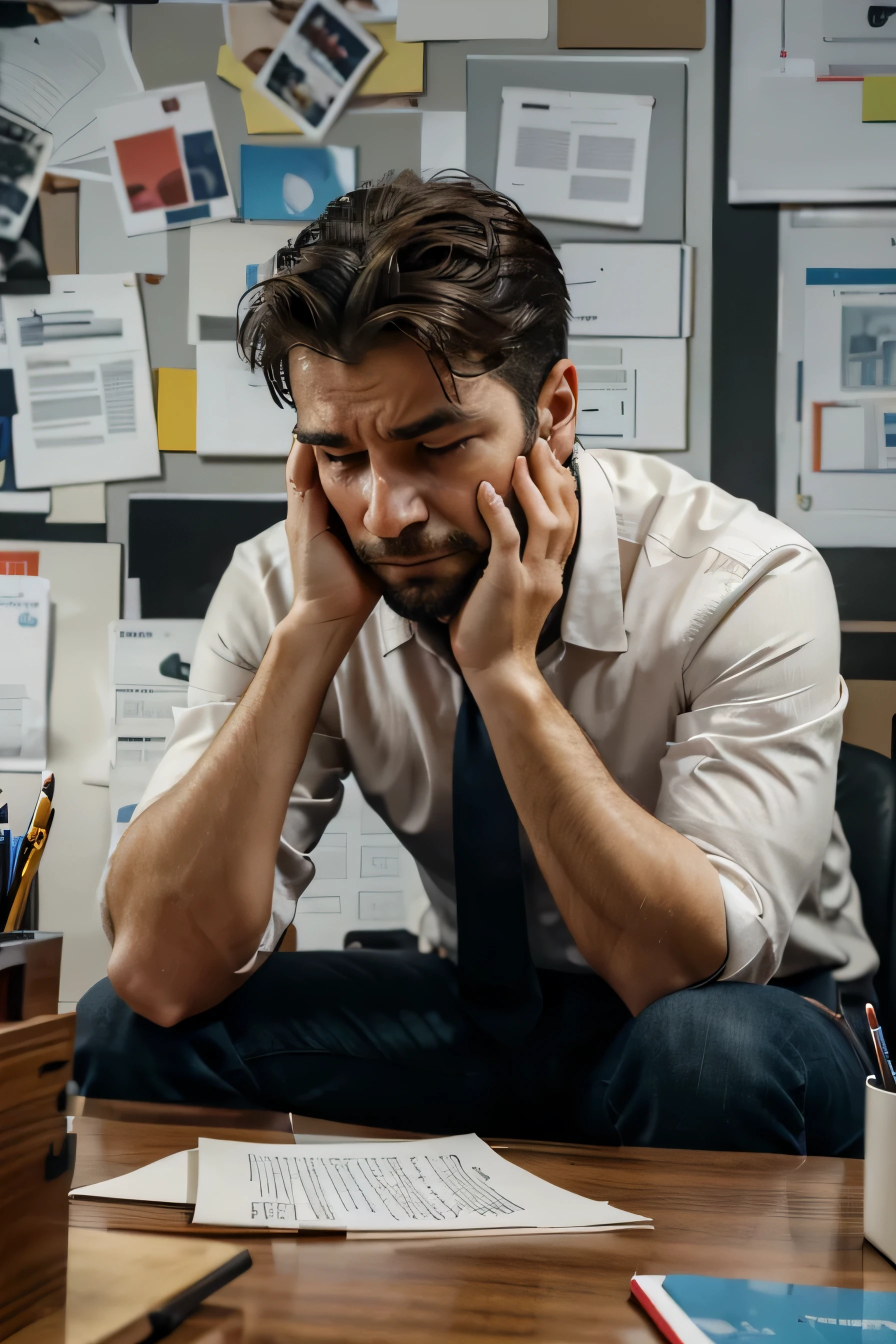 create a 3d ultra high quality image of A man sitting at a cluttered desk, surrounded by bills and looking stressed crying looks lost in the face and looking at the camera terrified