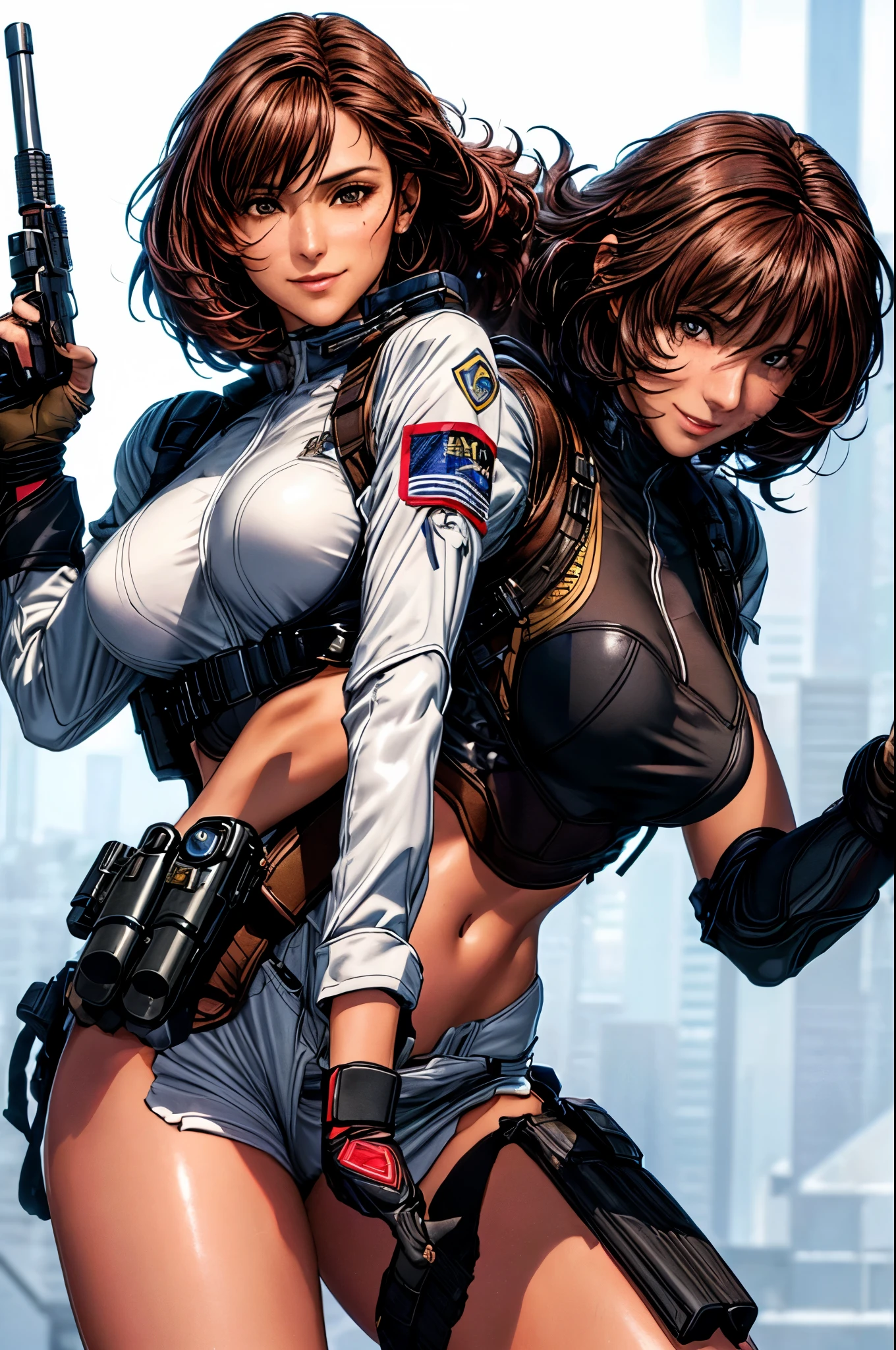 High quality ultra-realistic female images. The woman is of mixed Native American and Jewish descent.. powerful features, Fair skin. dark brown curly hair, black eyes. A woman is wearing a semi-futuristic combat uniform. she has a gun and knife strapped to her body. beautiful woman is smiling. her eyes glitter with hatred.