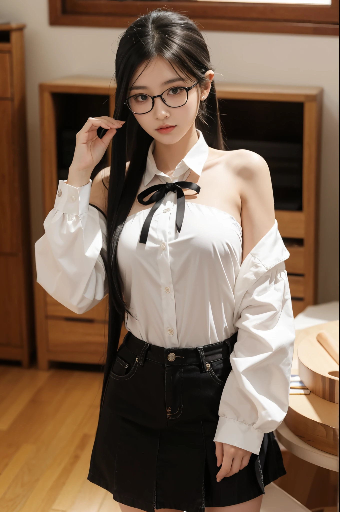 masterpiece,glasses, busty, school, Best quality at best, high qulity, OLGA_mary, black hair, twintail hair, hair between eye, (naked), Very long hair.