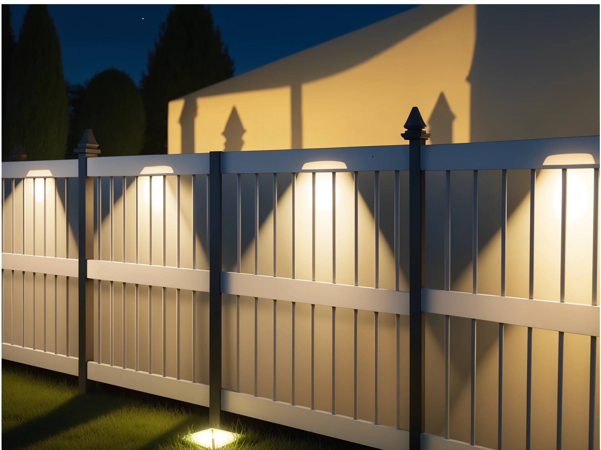 On the grass in front of the fence, outdoors light, soft filtered outdoor light, outdoor light, outside light, evening light, summer light, volumetric outdoor light, cinematic outdoor light, contrejour light, night time light, lead, night light, lead light accents, light, flood light, accent light, strong shadow