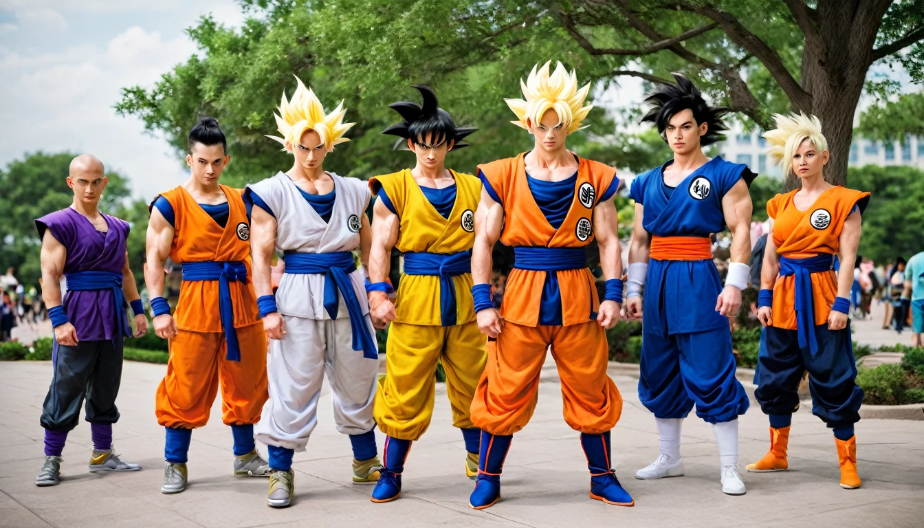 Realistic, Dragonball cosplay, Dragonball on real life, Dragonball style, Dragonball random, several people, each dressed in a dragonball costume