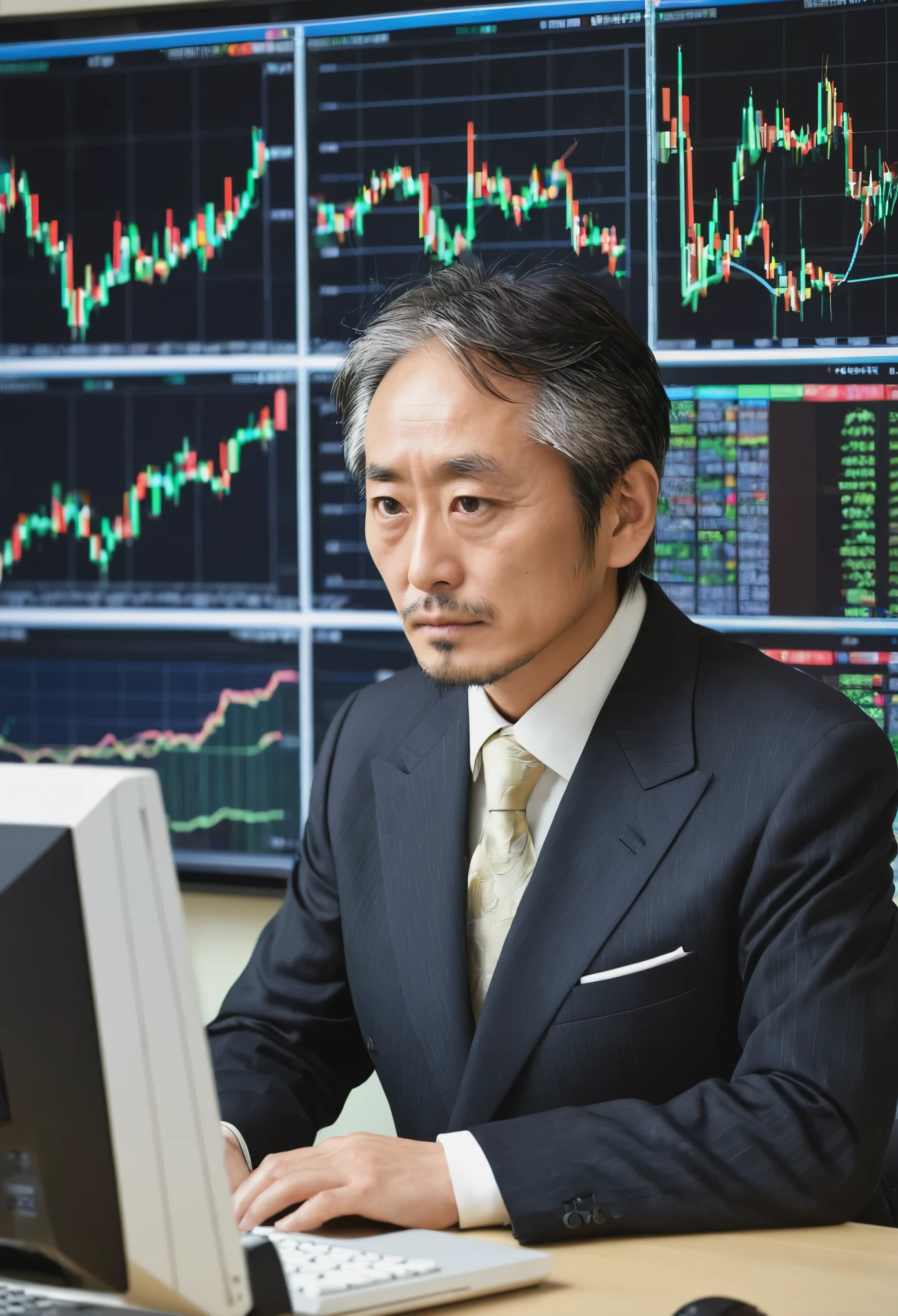 40 year old male, Japanese, old man, suit, investor, computer room, chart, handsome, foreign exchange, large room, rich, dignified profile, distant composition