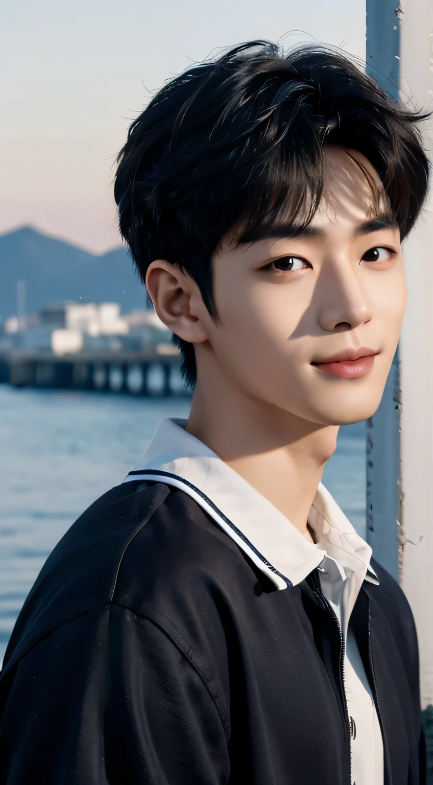 (realistically, masterpiece, 8K HD, good lighting quality, sportswear, fit snugly on face, intricate details), a handsome korean young man, 20 years old, happy, Smile brightly, Detailed face, exquisite eyes, look at the sky, Wear casual clothing, period, black eyes, black hair color hair, smooth hair, Bangs, Outdoor sports, seaside, sunny,blue sky,surreal,super detailed,top quality,actual,