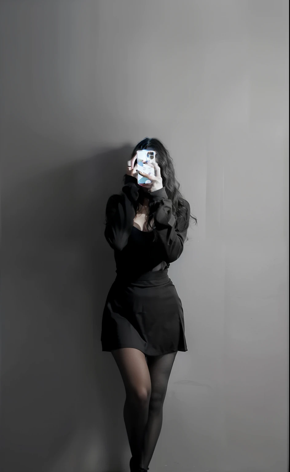 Beautiful girl, Studio photo, photo in the mirror, Girl with wavy hair, curly hair, Hерно-bелое фото, H/b, realism, Hеткое фото, супер каHество, girl holding phone in hands, girl takes a picture in the mirror on her phone
