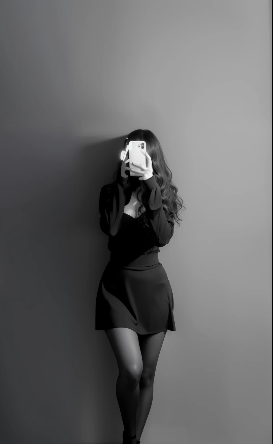 Beautiful girl, Studio photo, photo in the mirror, Girl with wavy hair, curly hair, Black and white photo, H/b, realism, Blind photo, super quality, girl holding phone in hands, girl takes a picture in the mirror on her phone , Beautiful hair, well-groomed hair,Straight hair, wool