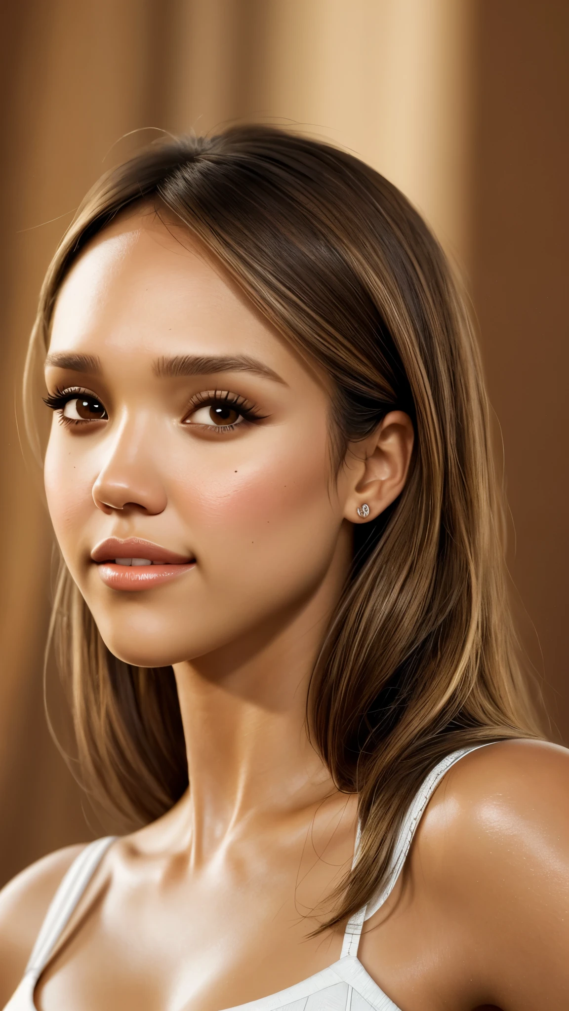 A stunningly beautiful and detailed face of Jessica Alba, with expressive brown eyes that seem to shine with depth and life, flawless oliva skin that shows the tiniest pores and a natural glow. Her symmetrical features are accentuated by high cheekbones, full lips, and a defined jawline. Each strand of her dark brown hair is meticulously rendered, from the glossy sheen to the subtle highlights and lowlights. This hyper-realistic image is a true masterpiece, capturing every detail and nuance of Jessica Alba's features.