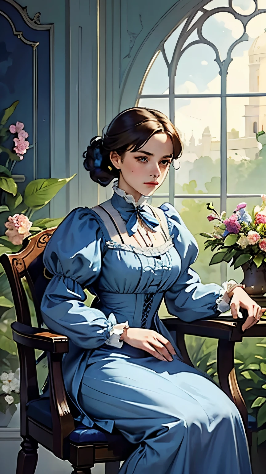 ((Sargent style watercolor))、(highest quality、masterpiece)、soft light、Indoor Botanical Garden、dome、(lots of flowers)、garden with dancing petals、Alafed woman in blue dress sitting on chair, victorian style clothing, victorian clothingを着て, victorian clothing, young victorian sad fancy woman, wearing clothes from the 1890s, with victorian clothing, Beautiful Victorian woman, victorian blue dress, Victorian style costume, amazing young graceful person, Victorian aristocracy, victorian dress, (vintage, classic)、