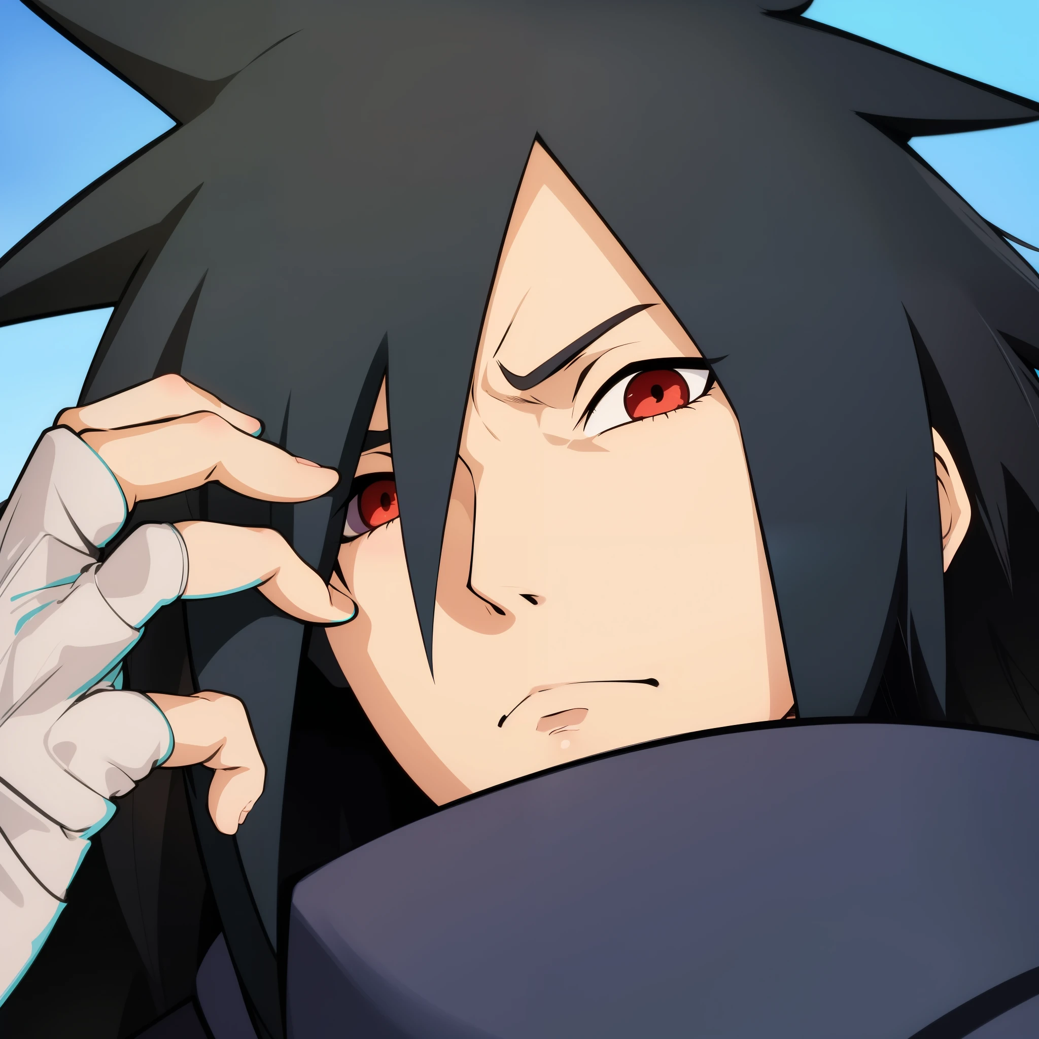 bright color,Uchiha Madara,hansome,fair skin,紫色长发的Uchiha Madara,Red Shura Eye,frown,disdain,cold expression,gray long hair,Wearing purple robe,Naruto the strongest,