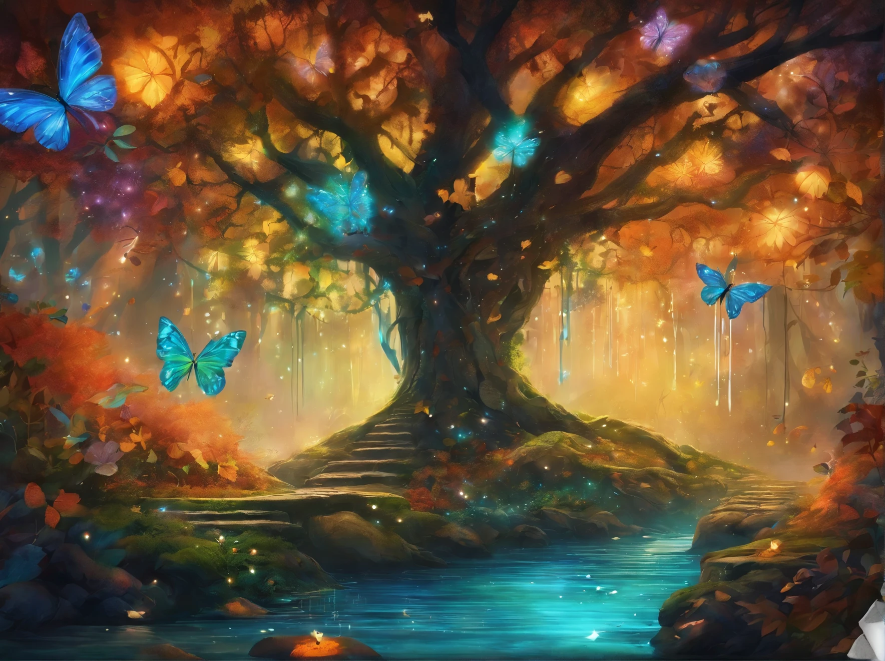 whimsical forest,autumn colors,Immortals,Blue glowing spell,dreamy colors,magic tree,sparkling mist,magical creatures,ethereal atmosphere,Mysterious atmosphere,Magic is in the air,enchanted forest floor,magical light,Shimmering fairy dust,whispering leaves,Lush green plants,Fairy Wings,Glowing Mushroom,magical flowers,Translucent petals,floating lantern,Glowing fireflies,tranquil pond,Majestic waterfall,Mysterious creature,melody,Golden sunlight flows through the canopy of trees,Charming mossy stones,Colorful leaves,fantastic scenery,magical aura,Peaceful and quiet,Whimsical imagination,dancing shadows,Magical secrets hidden in the forest