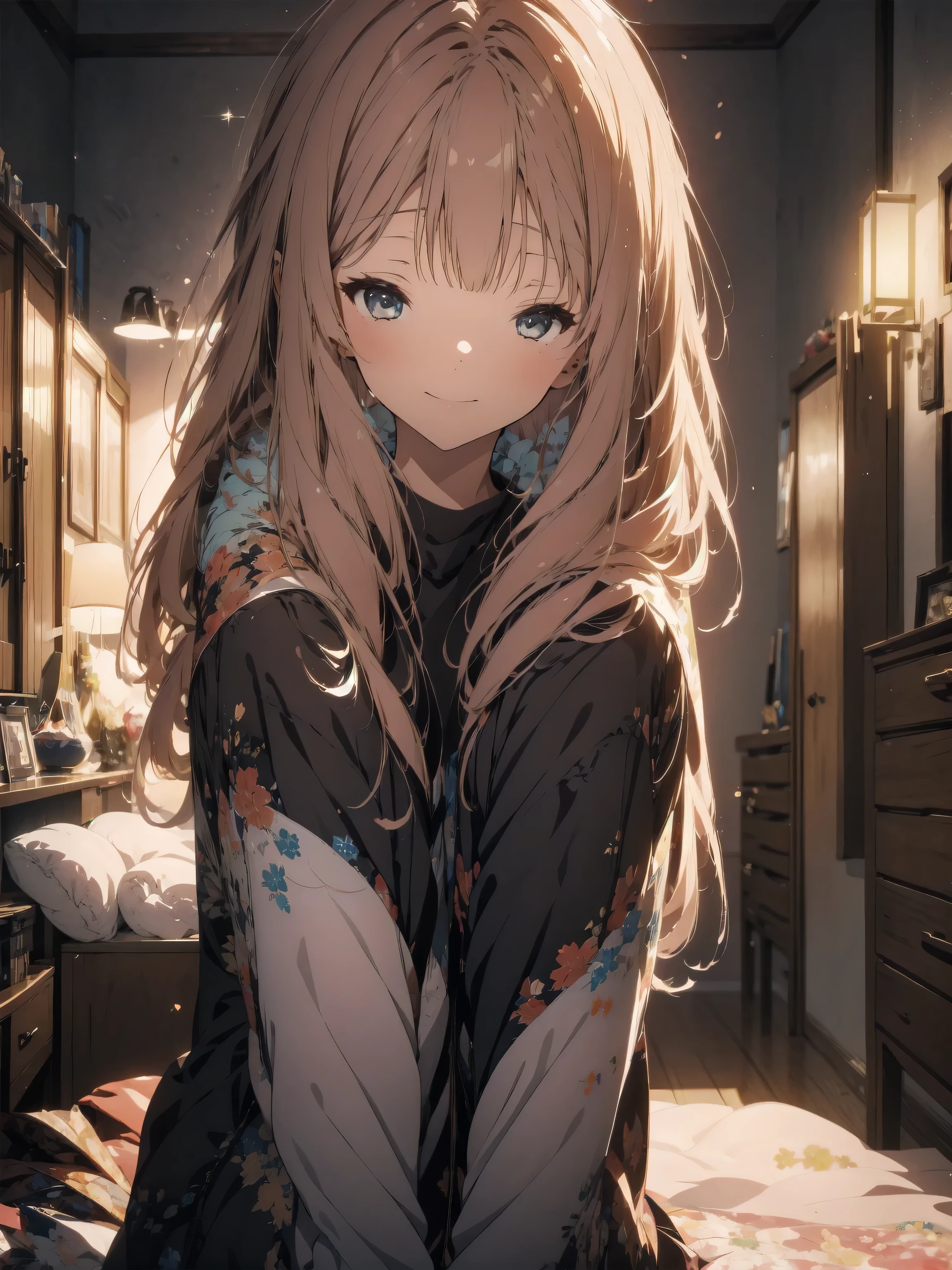 best qualtiy， tmasterpiece， illustratio， ultra - detailed，1 girl sleeps with her eyes closed，ssmile，Bedrooms，Lights that go out， covered with blanket， janelas，Romantic starry sky，extreme light，Meteors streak across