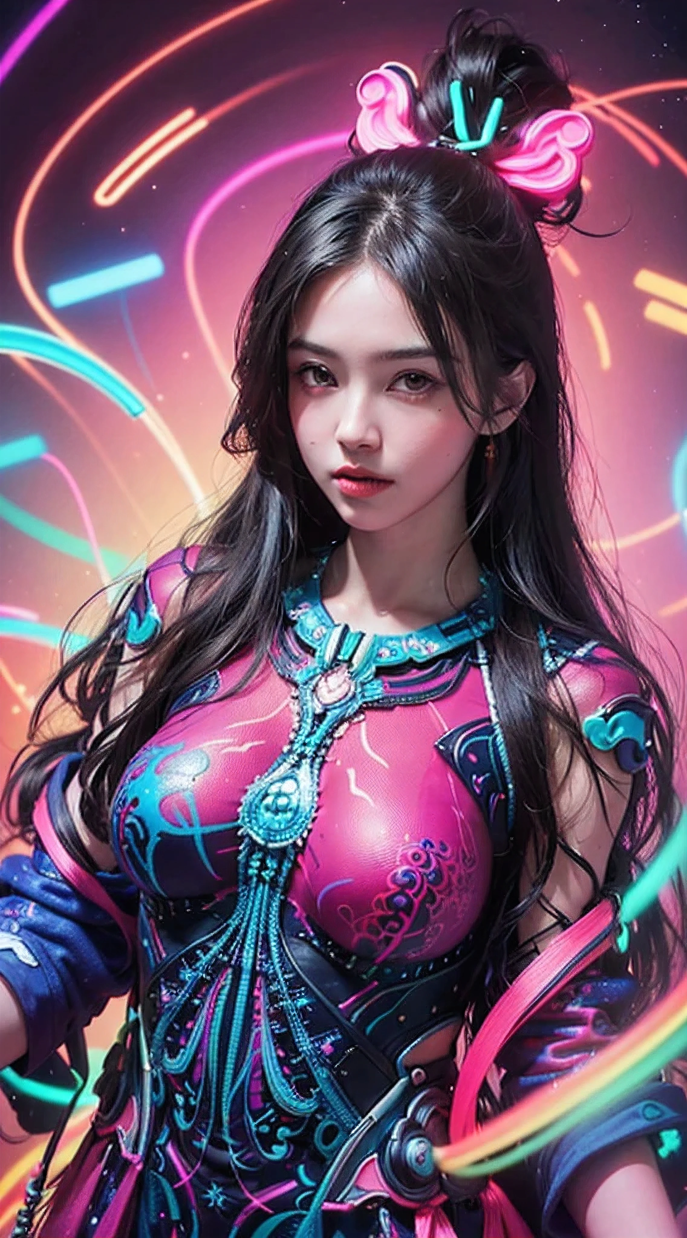 (masutepiece, of the highest quality, Best Quality, Official art, Beautiful and aesthetic:1.2), (1girl in:1.3), Extremely detailed,(Fractal Art:1.2),Colorful,highest details,( Zentangle Neon:1.2), (Dynamic Pose), (Abstract background neon:1.5), (Congressional Dresses:1.2), (Shiny skin), (Many colors:1.4), Upper body ,neons,16 K,Full-HD