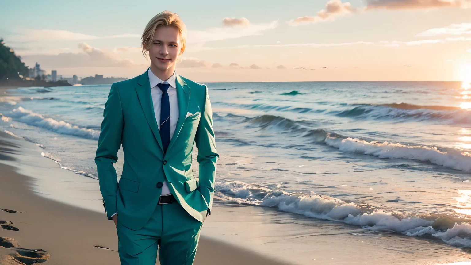 a blond, fair-skinned Finnish man, green emerald color eyes, 185cm tall and slim figure with long legs, 22-25 years old, looking at the front, wearing suit with blue shirts inside, not wearing neck tie, Behind him there is Seminyak beach in Bali. It's around 18: 30pm when the beautiful multilayer-colored sunset is going on. The Sun and beach is behind him and the man is smiling.