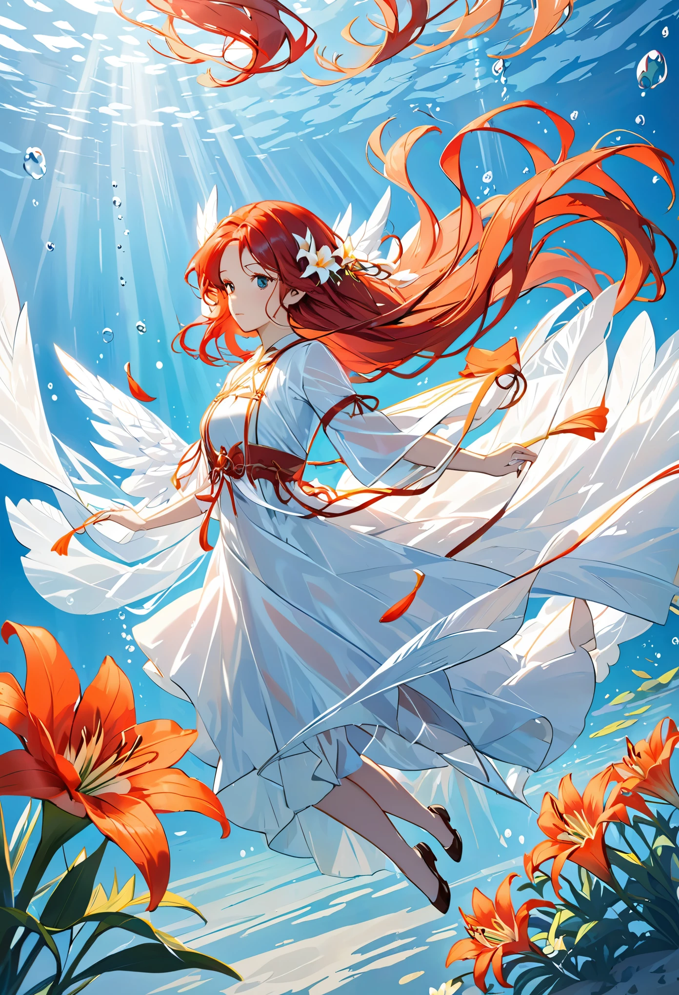 underwater girl, Long flowing red hair, angel wings, Orange and white lilies