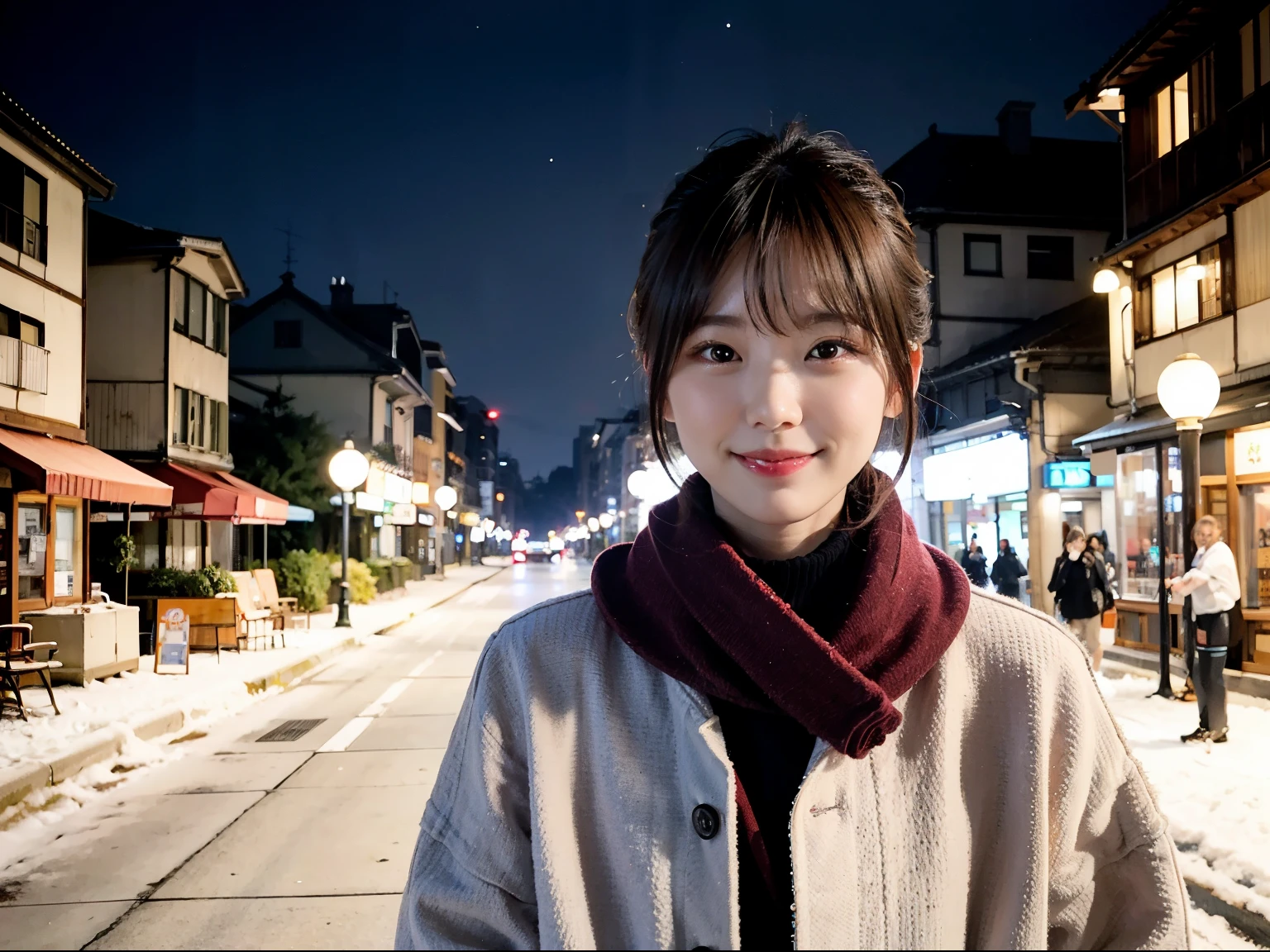 Woman posing in long coat in Japan city in midwinter、She wears a red scarf around her neck、top-quality、1 girl、、tag、glow、blur backgroun、Bokeh、outside of house、(Street:0.8)、Woman with glasses、Glasses with a thin frame、Round lens glasses、Thin golden glasses frame、、Luxury(Short hair、Forehead:1.2)、snowscape、Beautiful sky with details、(dynamicposes:1.2)、 (The upper part of the body:0.5)、Soft lighting、the wind、glowy skin、A smile、Long coat over sweater