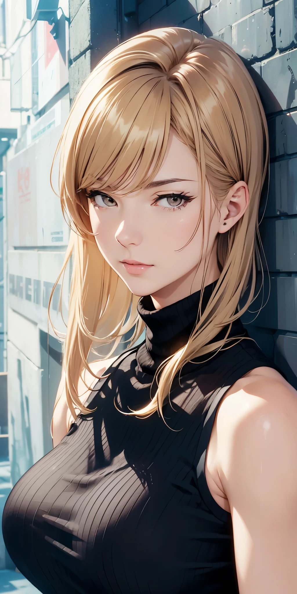 (best quality, highres), portrait, upper body, cool type adult woman, long hair, swept-side bangs, [[[brown hair]]], blonde hair, brown eyes, turtle neck tank top, big breast, plain wall, ultra detailed cg,
 