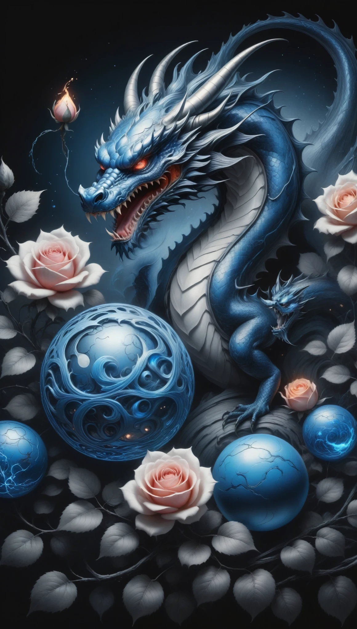 (best quality,4k,highres:1.2),ultra-detailed,realistic,black and white,traditional media,pencil sketch:1.2,chaotic lines,[[[the artist Musa]]],on a dark background,blue charges form stylized outlines of Dragon Balls and a framed rose,bioluminescence