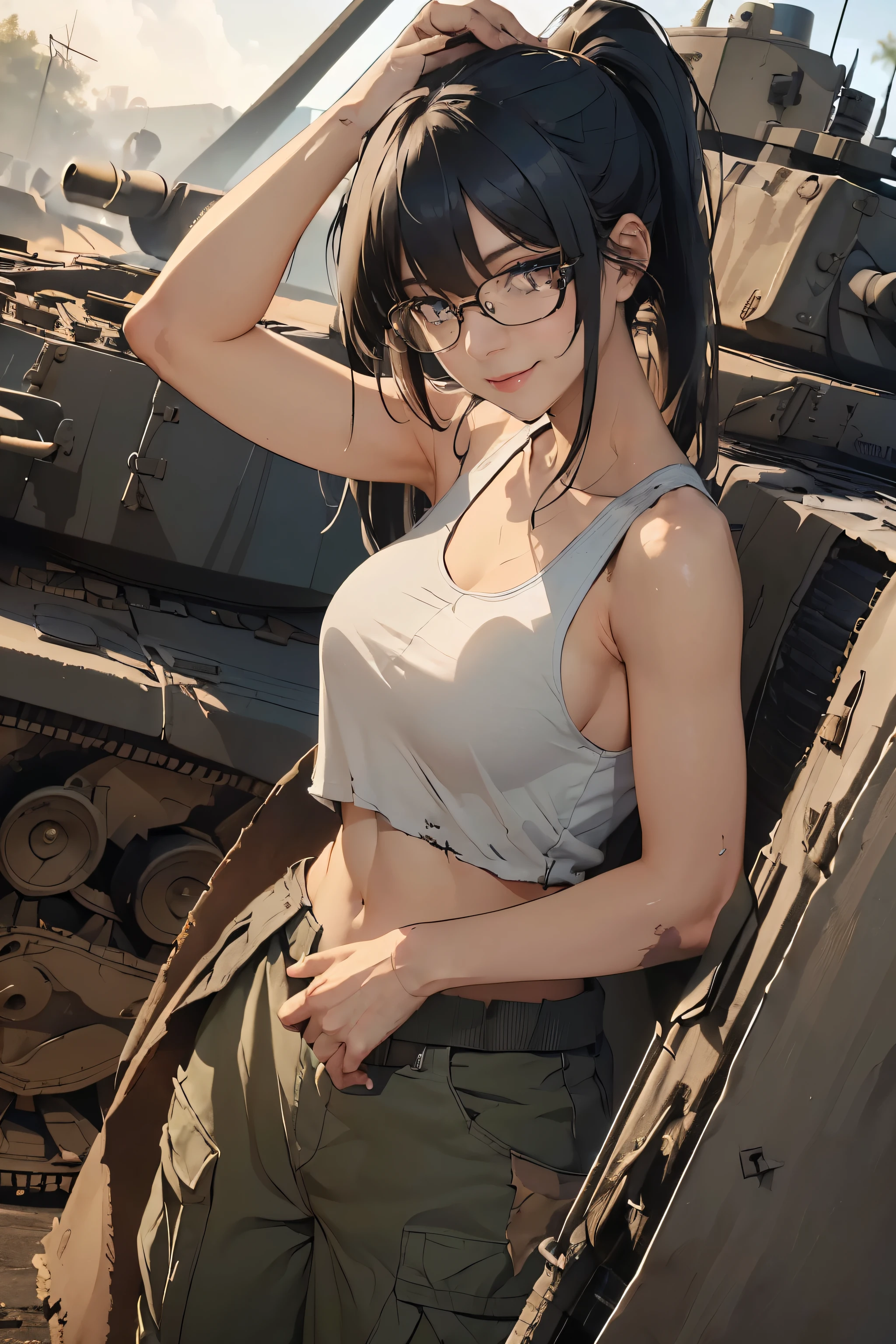 ((wide angle)), beautiful female veteran, black hair in a ponytail, smooth, wearing large glasses, There are wounds., Injuries, Smile confidently., (((wearing a white military vest, Worn with oversized ww2 military uniform., Wear oversized ww2 military pants., suffering, dilapidated))), on the ww2 battlefield