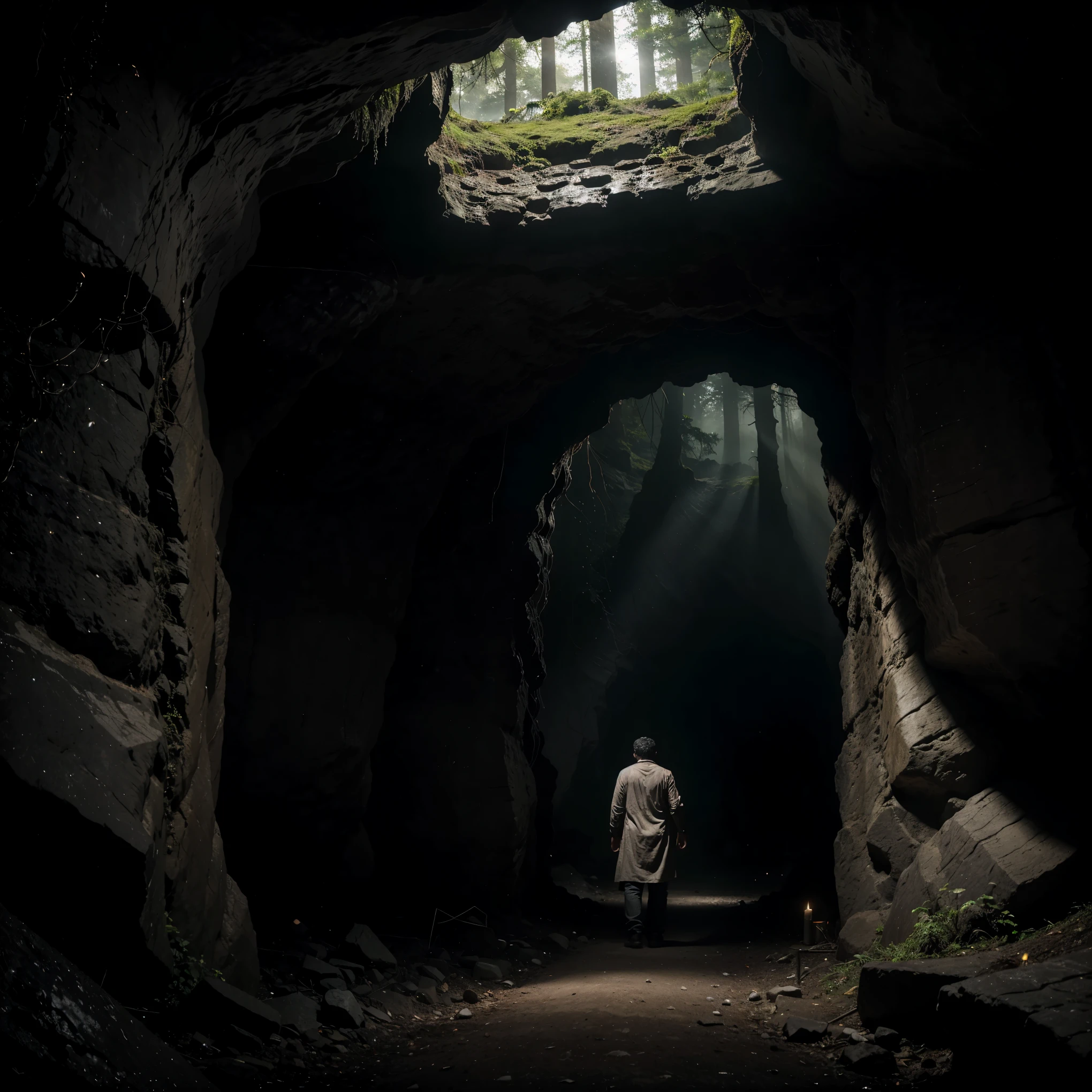 A dense forest with mist swirling around ancient trees. A flickering lantern casting eerie shadows on the cave walls. A pair of glowing eyes peering from the darkness.A hidden chamber adorned with ancient artifacts.A ghostly figure emerging from the shadows..Ravi fleeing from the cave, his lantern extinguished, leaving him in complete darkness.Ravi emerging from the cave, his face pale with terror. The cave entrance, shrouded in mist as the sun begins to rise.For Ravi, the dark cave will always remain a disturbing memory in his mind, separating the world of the living from the world of the dead. And as he walks away from that cursed place, he knows that some mysteries are best left unsolved