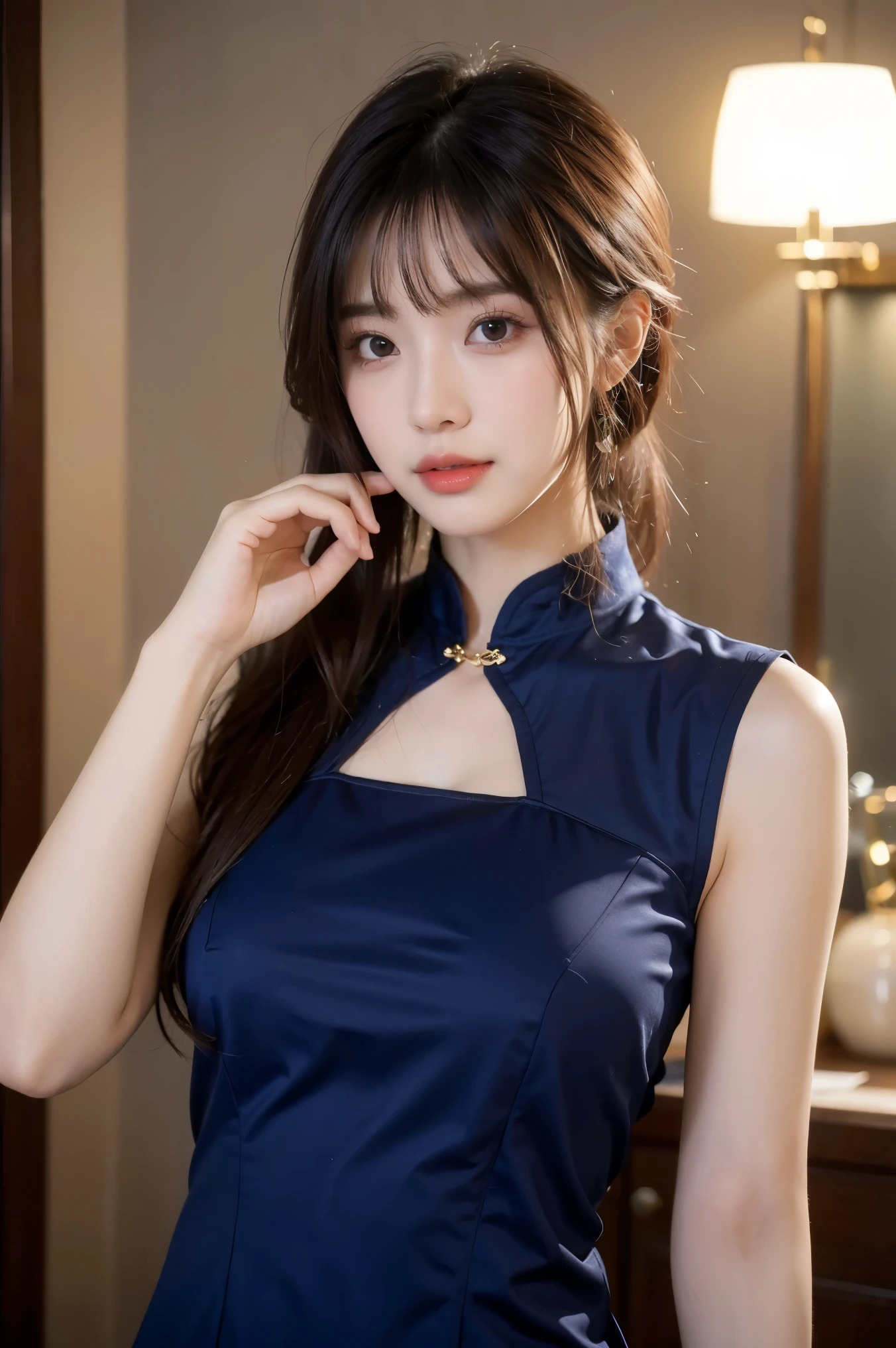 ((masterpiece、best quality))、shape、super detailed、8k、actual、sharp focus、Very detailed、professional lighting、spotlight、Colorful details、Detailed texture，A stunningly beautiful girl，Wearing a transparent cheongsam，(most suitable hairstyle:1.4)、(in the most helpful way:1.3)、(Half-length photo:1.4)、big breasts、perfect style、Body、18 years old、Smile、