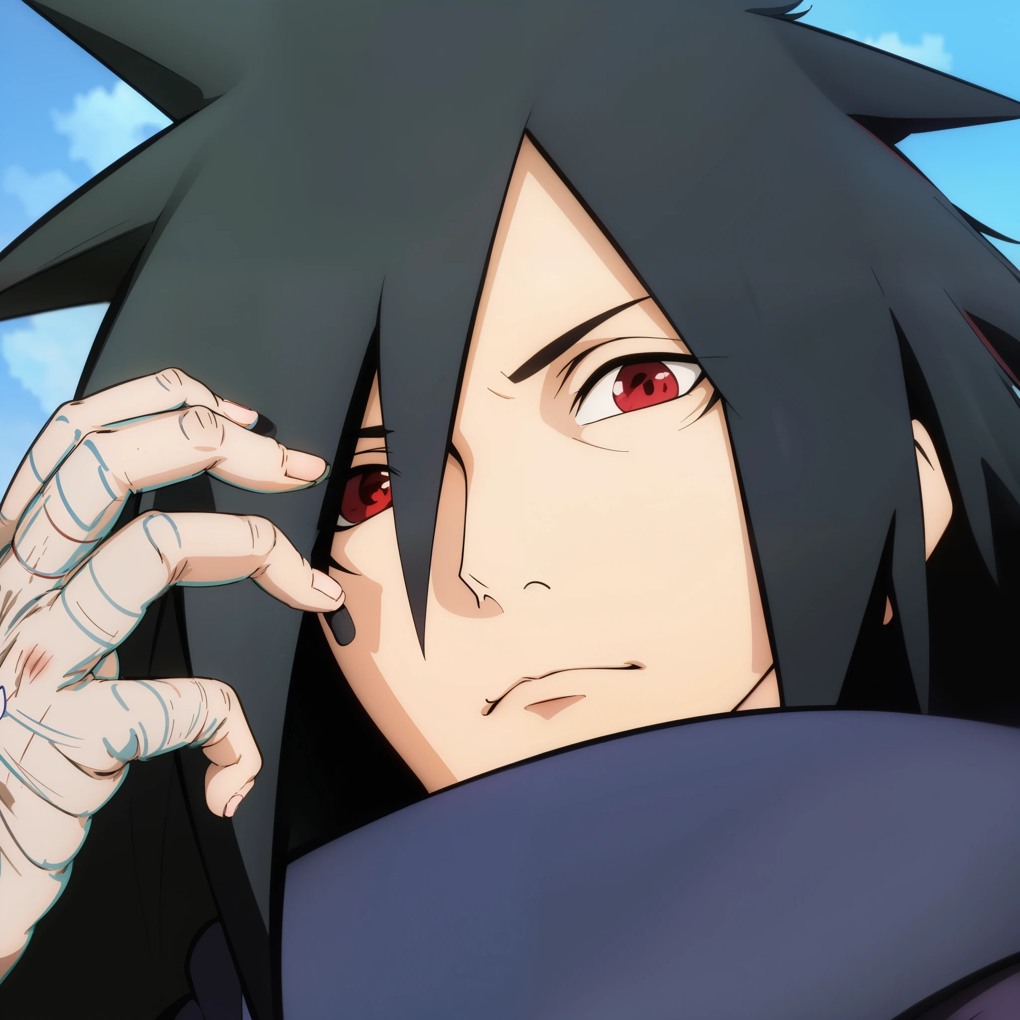 bright color，Uchiha Madara，hansome，fair skin，紫色长发的Uchiha Madara，Red Shura Eye，frown，disdain，cold expression，gray long hair，Wearing purple robe，Naruto the strongest，