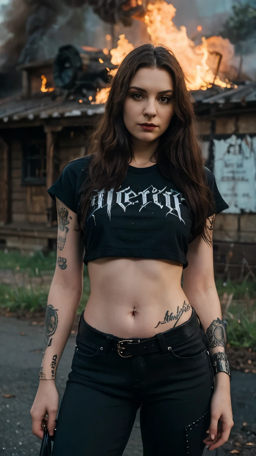 Best Quality,Masterpiece,Ultra High Resolution,(Realisticity:1.4),Original Photo,Cinematic Lighting, 1girl, solo, Metalhead Style girl in front of a church on fire, tattooed, wearing ripped black pants, black t-shirt, heavy metal style, photography, wojtek fus, heavy metal art style, angry gorgeous goddess, female vampire warrior, heavy metal concert. realistic, datailed, detailed face, 4K.