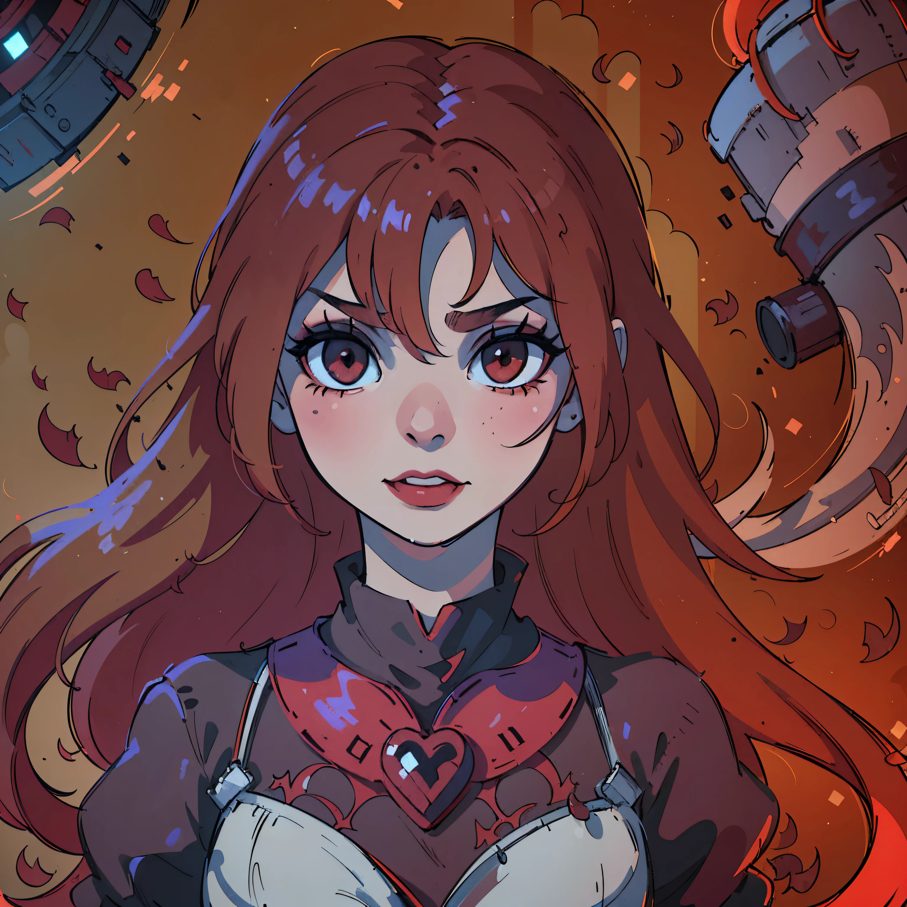 (melhor qualidade,4k,8K,high resolution,obra de arte:1.2),ultra-detalhado,(Realista,photoRealista,photo-Realista:1.37),cabelo vermelho sangue,olhos vermelhos de sangue,olhos e rosto extremamente detalhados,pele mais clara,cores vivas,sombras escuras,dramatic lighting,Gothic,Horror,retrato,cabelo muito ruivo,lindo nariz,sorriso, Do not change the hair bangs,batom vermelho, sorriso with beautiful teeth, Normal mouth not very big