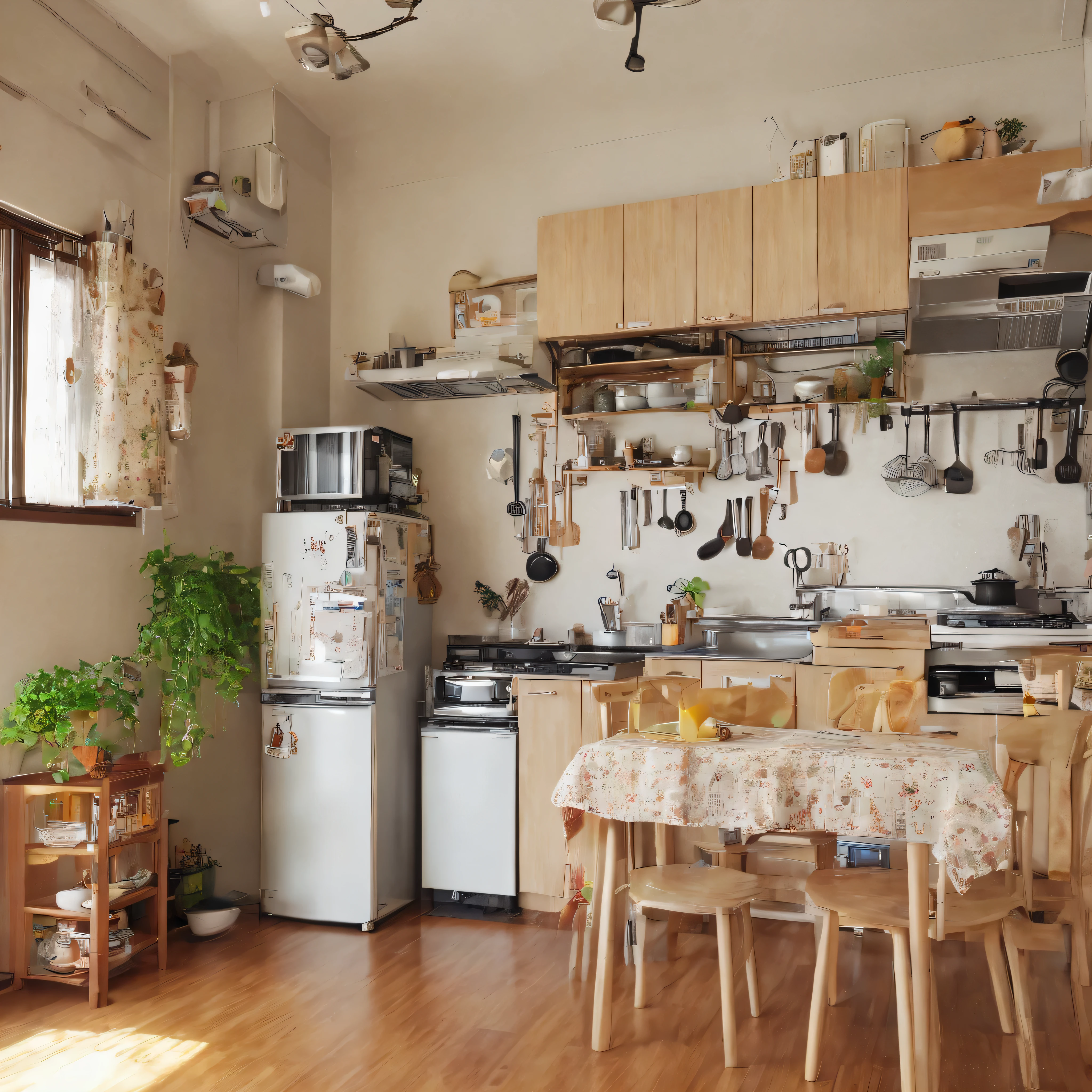 best quality, ultra-detailed,
JPkitchen, scenery, table, chair, sink, kitchen, plant, indoors, window, refrigerator, frying pan, bottle, shelf, spatula, door, basket, plate, cup, stool, wooden floor, curtains , image with a resolution of 3072 x 2048