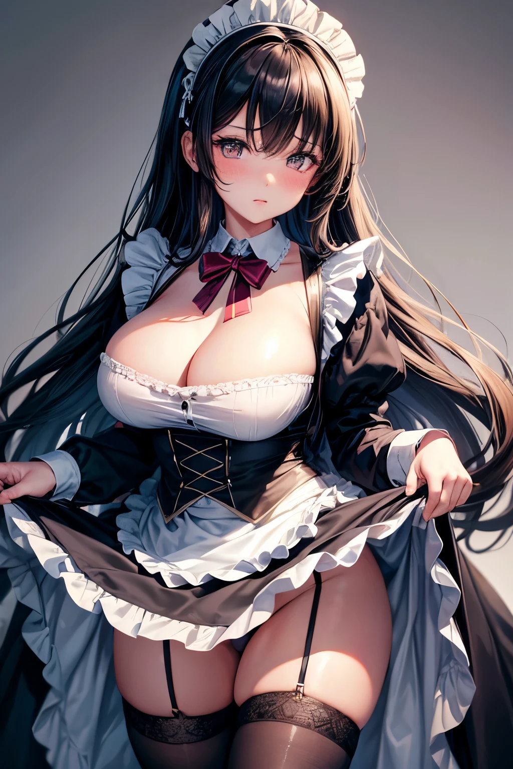 1 girl, disorganized, High resolution, super sharp, 8k, masterpiece, looking at the viewer, human, thighs, (big :1.5), huge 胸, long hair, black hair, skirt lift, maid headdress, maid apron, frills, thighsの高さ, blush