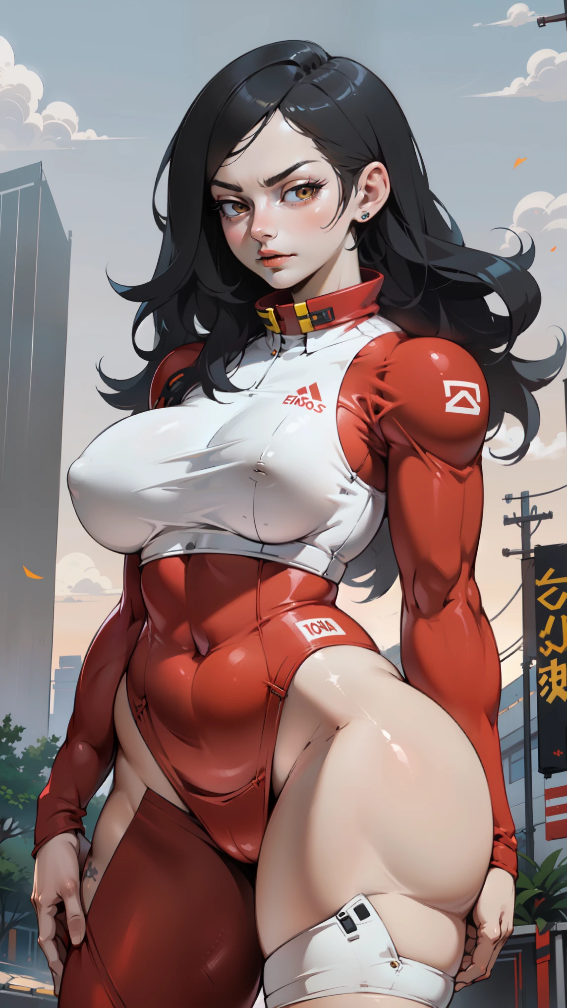 best quality best quality best quality black hair yellow eyes pale skin muscular huge breasts thick thighs angry solo extremely long hair girl body suit highly detailed highly detailed thick thick huge tits nsfw nipples pussy