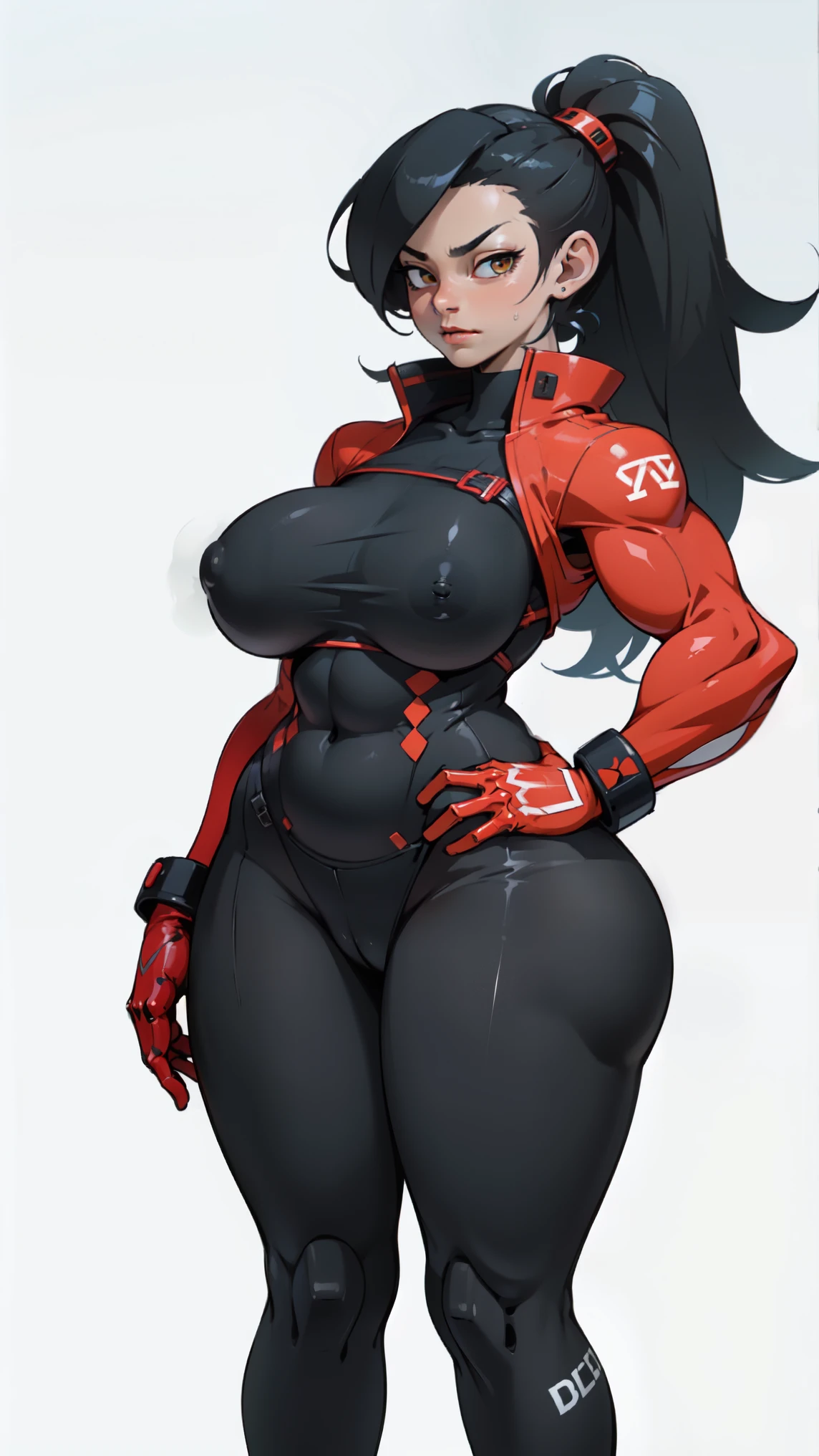 best quality best quality best quality black hair yellow eyes pale skin muscular huge breasts thick thighs angry solo extremely long hair girl body suit highly detailed highly detailed thick thick huge tits nsfw nipples pussy