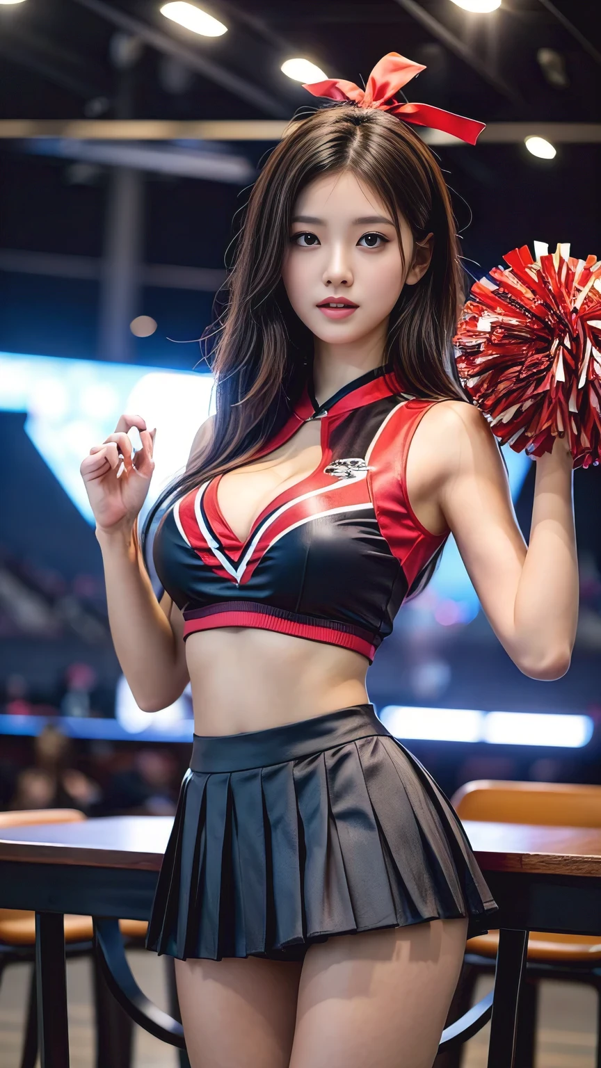 (8 thousand, RAW photos, best quality, table top:1.2), (realistic, realistic:1.37),1 girl, professional lighting, photon mapping, radio city, RAW photos、(realistic:1.4)、octane rendering、Highly detailed representation of complex 3D renderings, studio soft light, rim light, vivid details, super detailing, realistic 피부 질감, detail face, Beautiful eye for detail, Highly Detailed CG Unity 16K Wallpaper, assembly, (detailed background:1.2),huge breasts、((Non-breaststroke)), Nipples stick to clothes, ((Show off your panties)), Cheering. best quality, Ultra A high resolution, table top, 1 girl, brown hair,(Short hair), 20 years old,((Gorgeous Cheergirl Costume、Cheerleader Outfit)), Cute face、((pleated skirt))、Nogizaka Idol、Chinese idols、Japanese idle