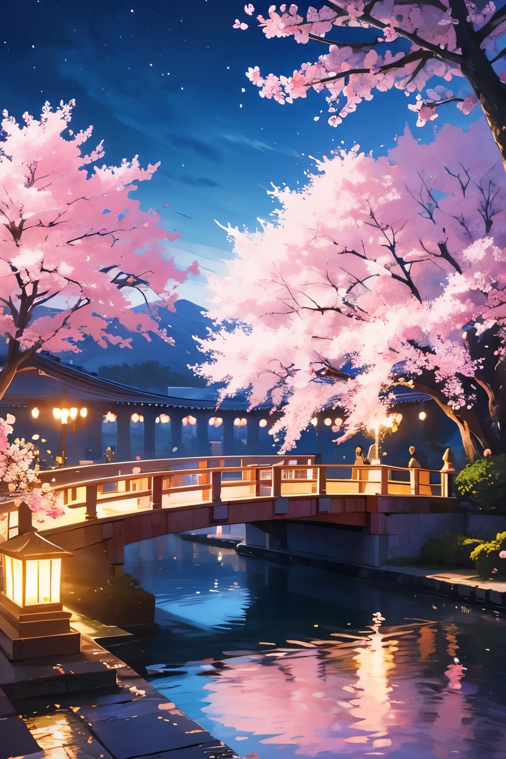 campus,There are many cherry blossoms,Scene design,night,Lake bridge,high quality,illustration