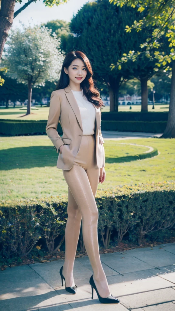 masterpiece, best quality,  beautiful legs, beautiful, Beautifully，best quality, high resolution, ((In the park)), Smile,  black pantyhose，High heel，big wavy hair，suit