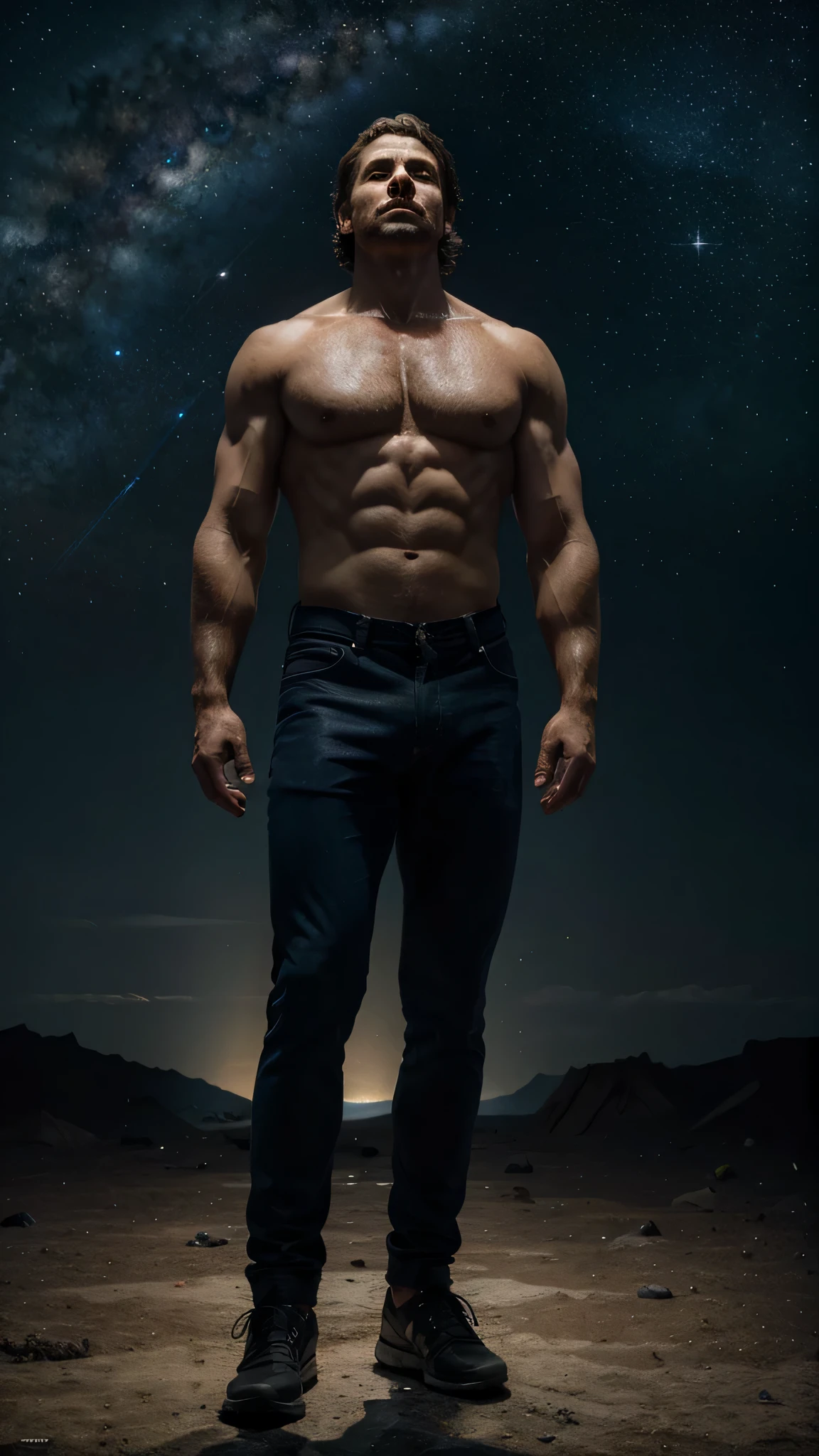 (Masterpiece, high quality, Realistic), Man in old rags, with a serious expression on his face, standing in front of a huge, stellar space, (Detailed astral background: 1.0), Its old, big shoes reflect softness, cinematic lighting, casting long, Dramatic shadows on the ground, (Ideal Anatomy, Realistic Rendering), The man&#39;s muscular physique and introspective gaze convey a sense of determination and contemplation.., (infinite depth, Dimensional), The cosmic wind gently ruffles his hair, adding realism to high definition images, (award-winning, Masterpiece)