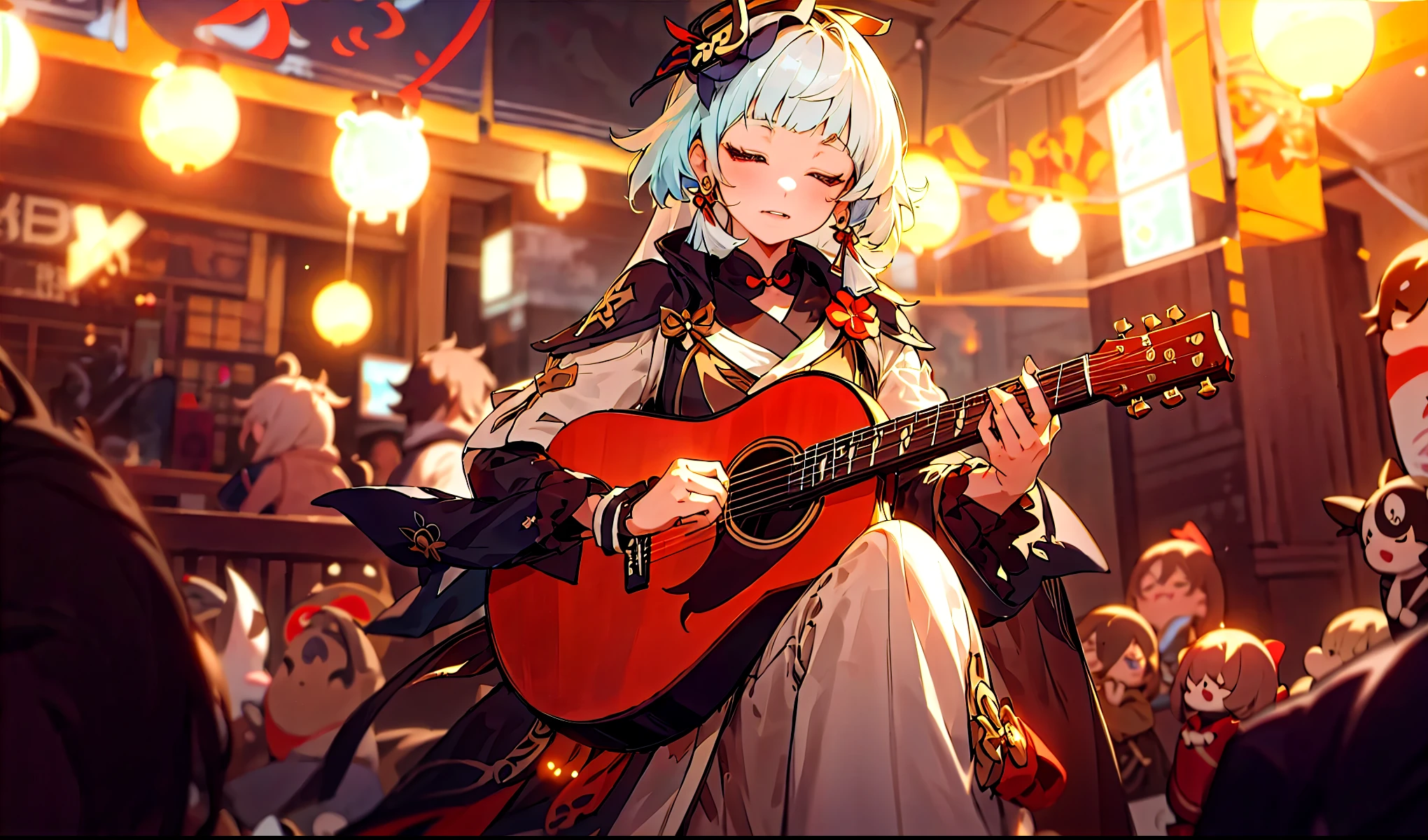 people々Anime girl with a guitar in a crowded place, people間の吟遊詩people, artwork in the style of Gweiz, Gweiz, ayaka genshin impact, official artwork, everyone, 微笑む男性の吟遊詩people, album art, From Dolls Frontline, official art, Gweiz on pixiv artstation, Genshin Impact Kechin