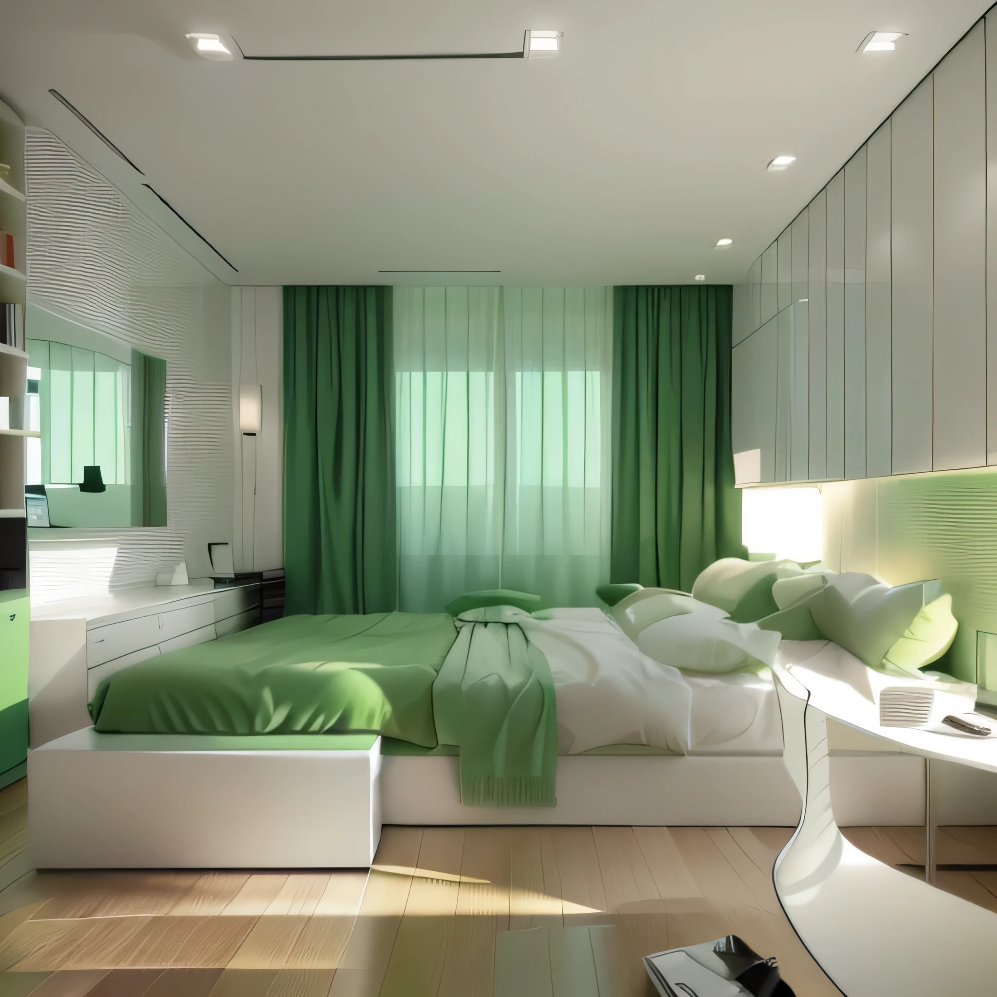 The bedroom has 2 double beds next to each other. Modern. white and green tones, super luxury, elegant, clean. Extremely detailed rendering, view from the window, There's light coming in through the window from outside. White and green wood furniture combined. Super wide viewing angle, Look directly across the bed, At the end of the bed there is a TV.
