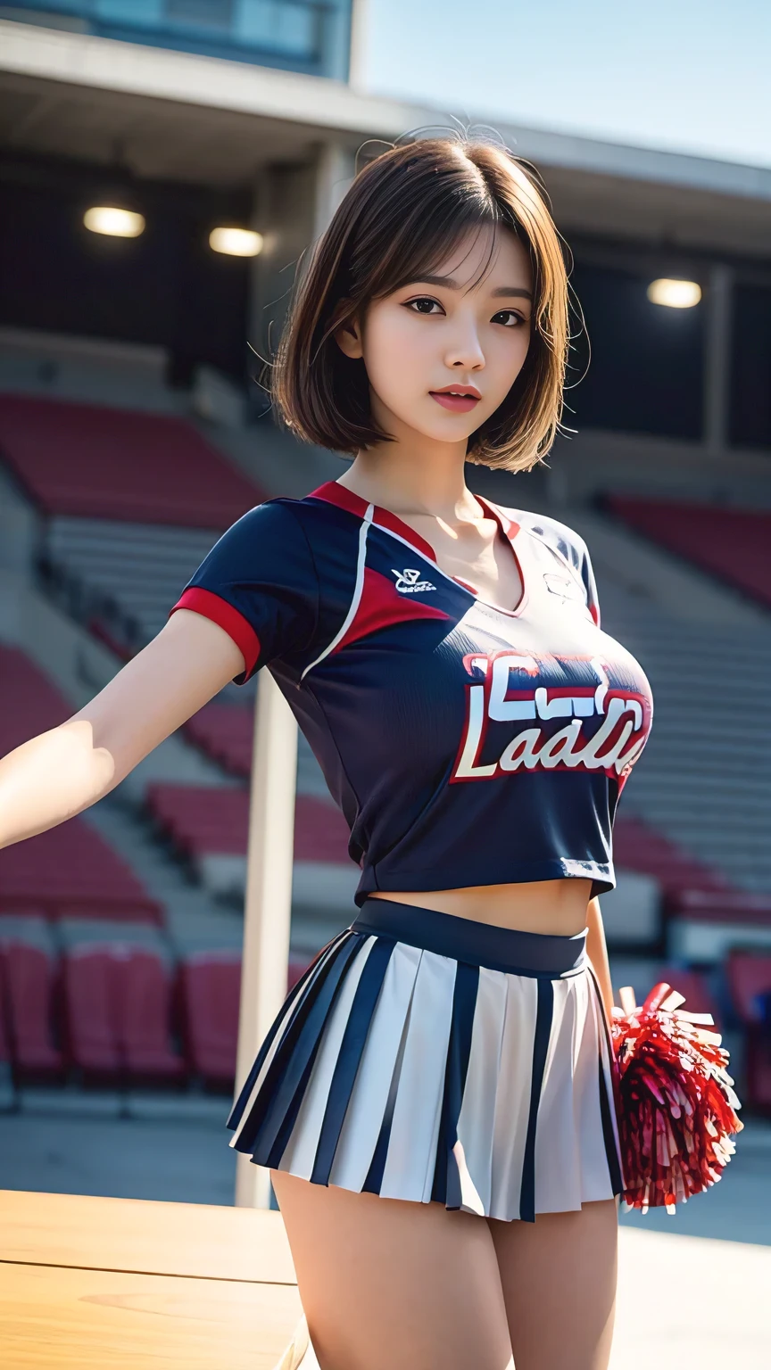 (8 thousand, RAW photos, best quality, table top:1.2), (realistic, realistic:1.37),1 girl, ((The background is a sports stadium.)), professional lighting, photon mapping, radio city, RAW photos、(realistic:1.4)、octane rendering、Highly detailed representation of complex 3D renderings, studio soft light, rim light, vivid details, super detailing, realistic 피부 질감, detail face, Beautiful eye for detail, Highly Detailed CG Unity 16K Wallpaper, assembly, (detailed background:1.2),huge breasts、((Non-breaststroke)), chest lowered by gravity, Nipples stick to clothes, ((Show off your panties)), The wind lifts my skirt. Spread your legs and cheer. best quality, Ultra A high resolution, table top, 1 girl, brown hair,(Short hair), 20 years old,((Gorgeous Cheergirl Costume、Cheerleader Outfit)), Cute face、((short pleated skirt))、Nogizaka Idol、Chinese idols、Japanese idle, low height camera shot,