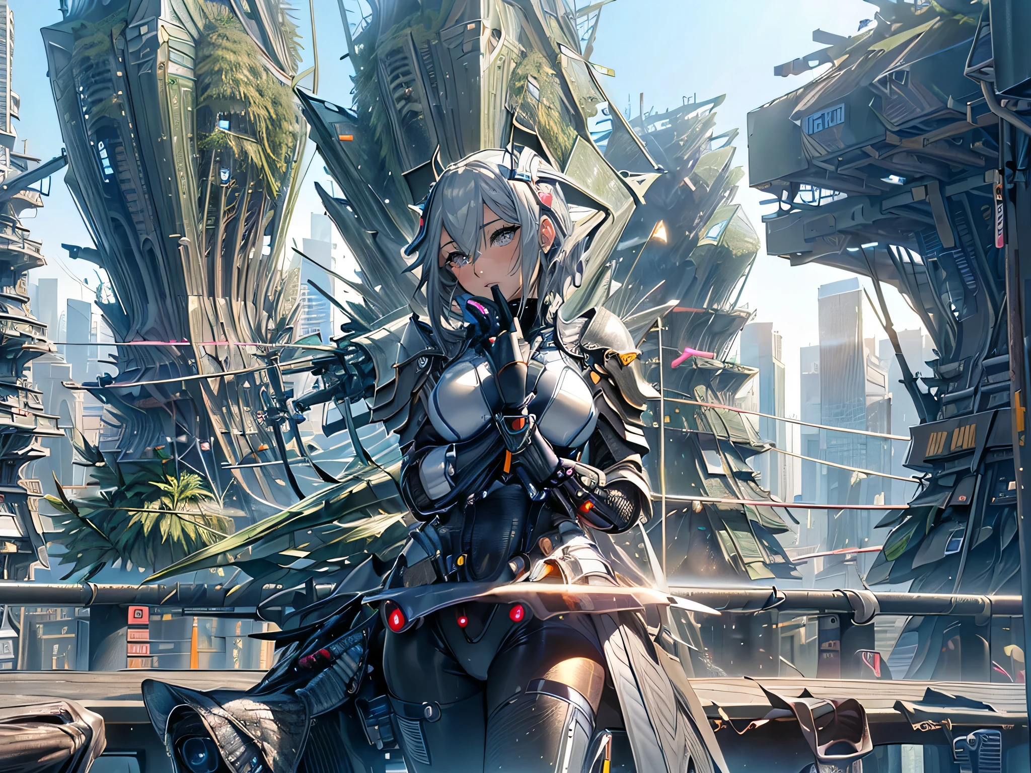 top quality、Top image quality、8k,4k,​Masterpiece、(NSFW:1.1)、super detailed、beautiful、super quality、-like that、cool、girl with(((18 years old、sexy knight suit:1.3、straddle motorcycle、Skin is firm and shiny:1.1、Bust 78、silver hair、a short bob、red eyes、、:1.4、stand up))、Staring from the front、high quality、visual art、background with((futuristic city:1.3))、on the table