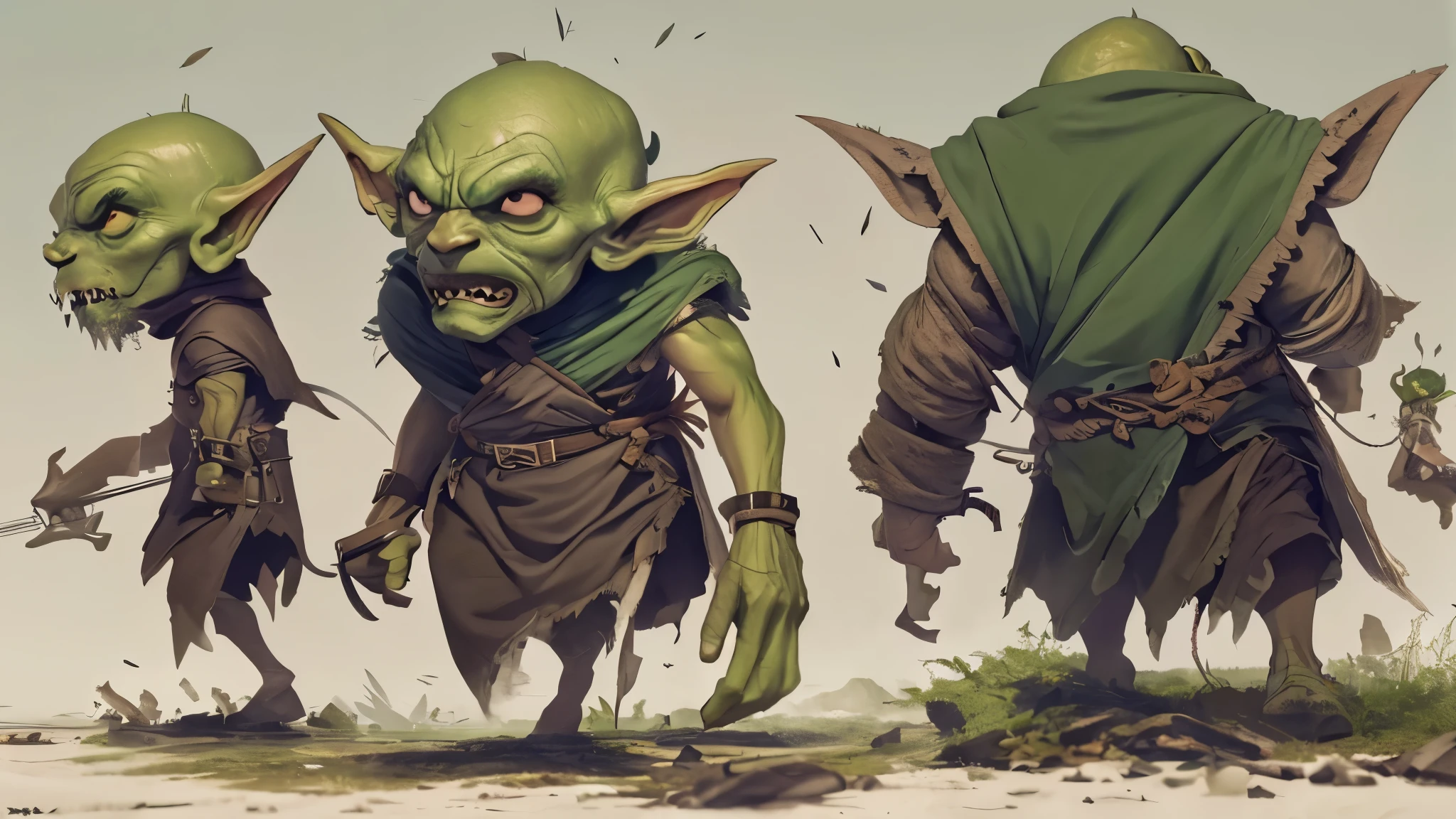 (master piece), 8k, best quality, panoramic view, Goblins, green, black and malicious eyes, evil, huge pointed ears, sharp teeth, bald, thin, 1 meter, 120 centimeters tall, dirty torn cloth clothing, fighting, in forest