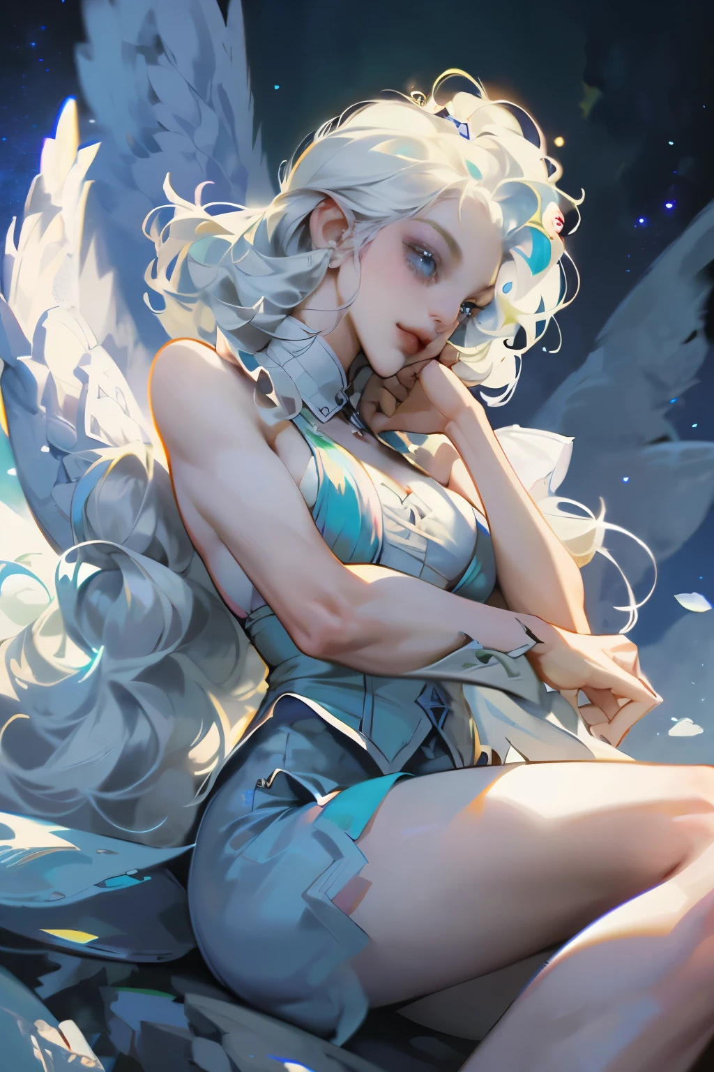 ****, leprechaun, white hair: long, blue eyes, small breasts, vest, garter, hair accessories, seductive smile, gaze, head tilt, behind arms, (slim), (thin legs: open legs), high detail, best quality, masterpiece, detailed ice, cumulonimbus clouds, beautiful details glow, ice crystal textured wings