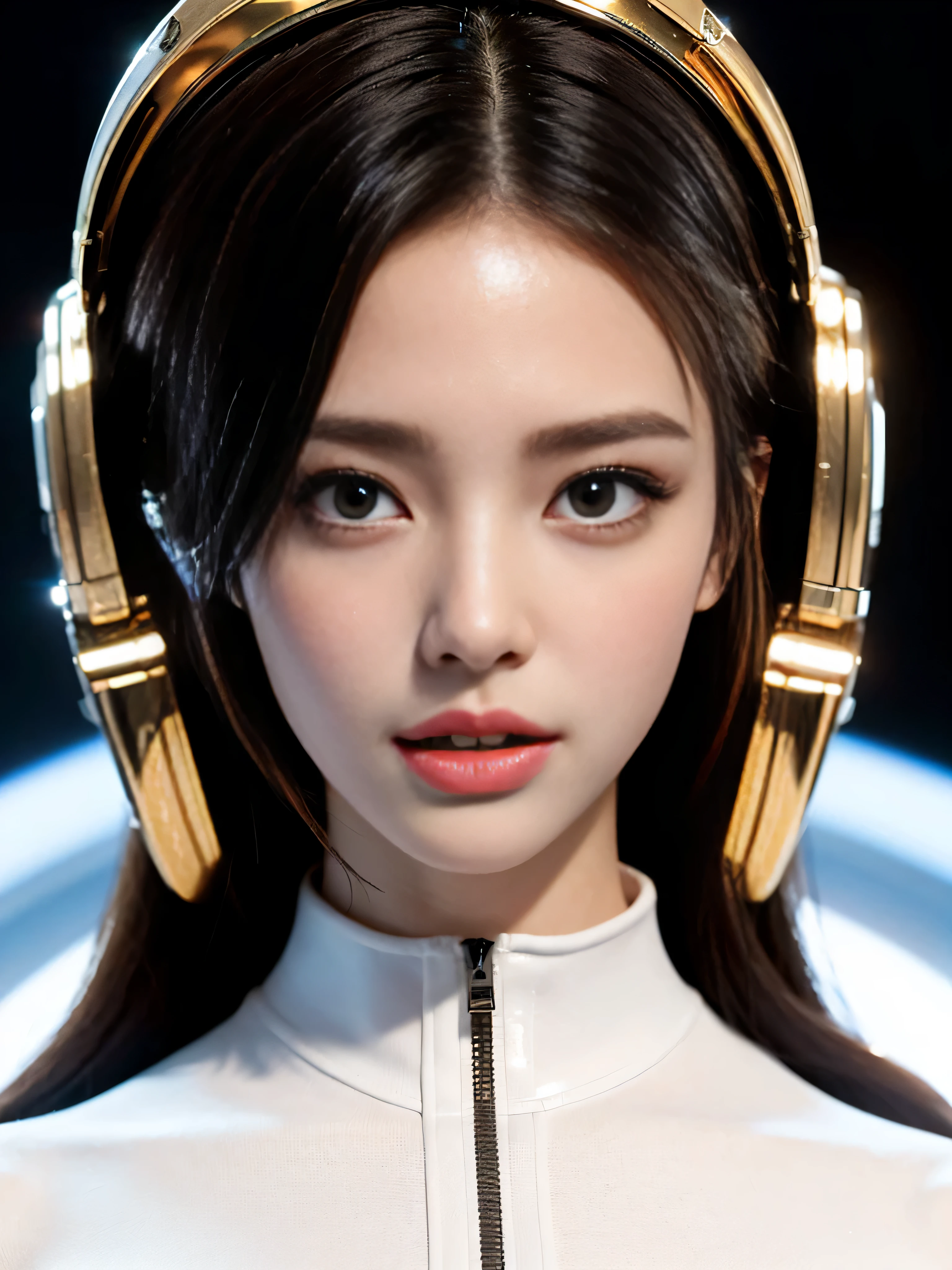 one brunette beauty、(white)(One Piece Latex Suit)、(Spacesuit)((space helmet))((white gloves)、{{An illustration}}、{extreme sophistication and beauty}、{delicate makeup}、Super detailed、sexy、hip size、delicate glowing eyes、{{cinematic light}}、extreme light effectodel:cinematic realism、CFG scale:12、LoRA:bright texture(1.35)、high quality、masterpiece、delicate facial features、Delicate hair depiction、delicate eye description、masterpiece、最high quality、ray tracing、 Highly detailed CG Unity 8K wallpaper、masterpiece、最high quality
