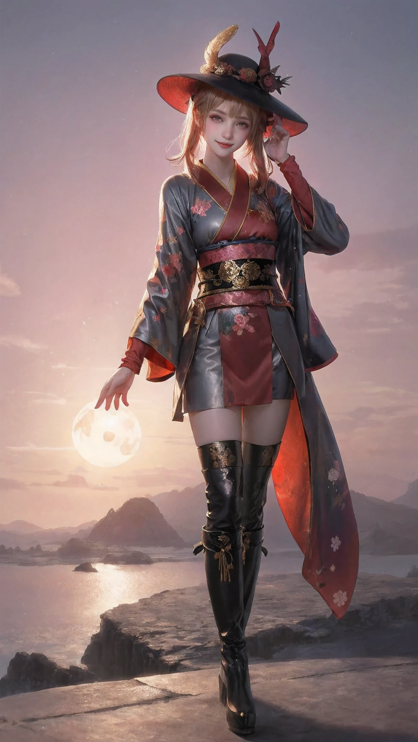 Japan ink painting, cute girl, wizard hat, Kimono robe, Raise your legs high, boots, happy, dynamic poses, "Happy New Year!", 2024, landscape, sunrise, winter, Red tone, bloom effect, ambient occlusion, Bokeh, depth of field