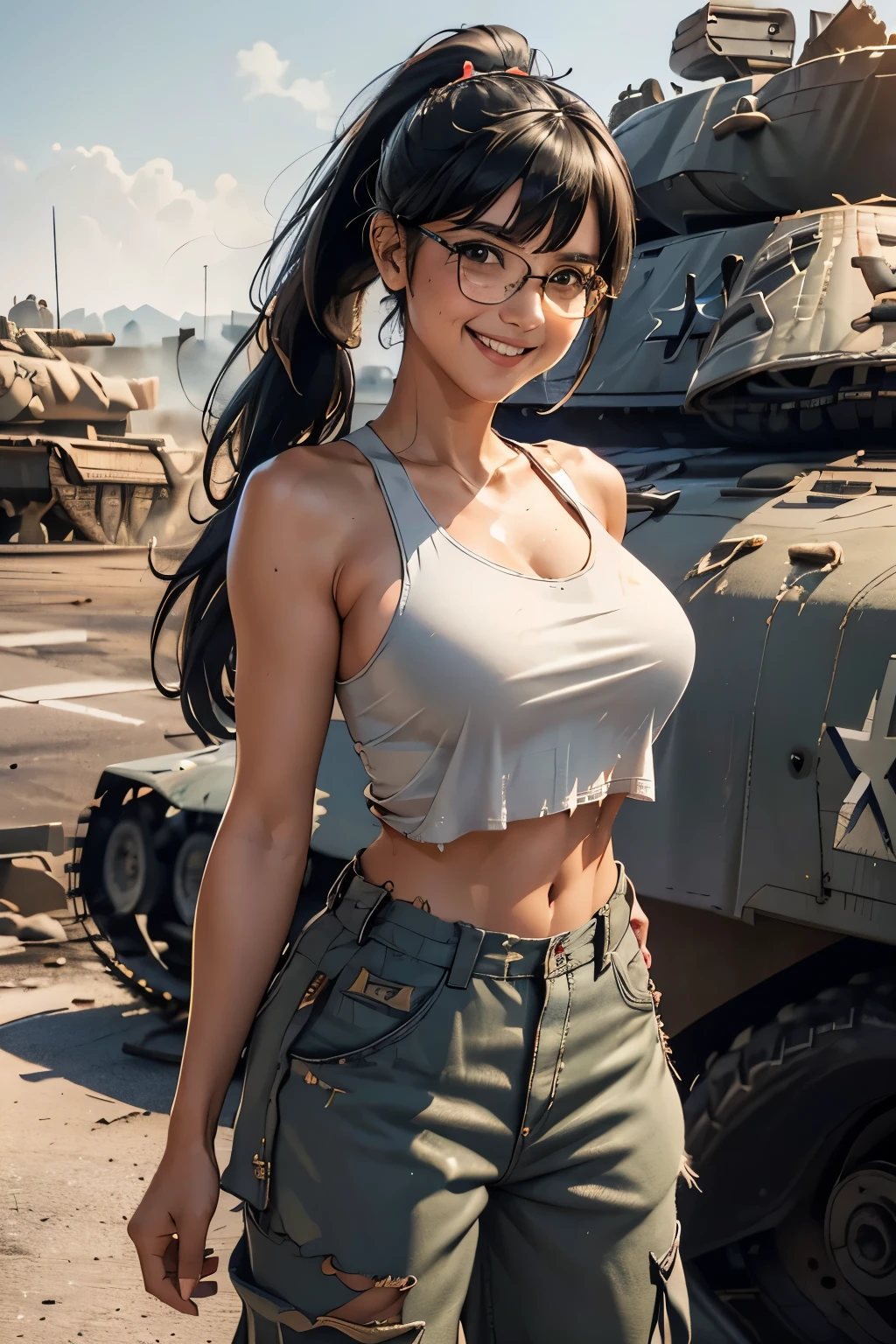 ((wide angle image)), beautiful female veteran, black hair in a ponytail, bangs, wearing large glasses, covering a wound, injured, smiling confidently, (((wearing a white military tank top, layered with a ww2 Oversized military shirt, wearing ww2 military pants Oversized, Off shoulders, Distressed, worn-out))), on the ww2 battlefield