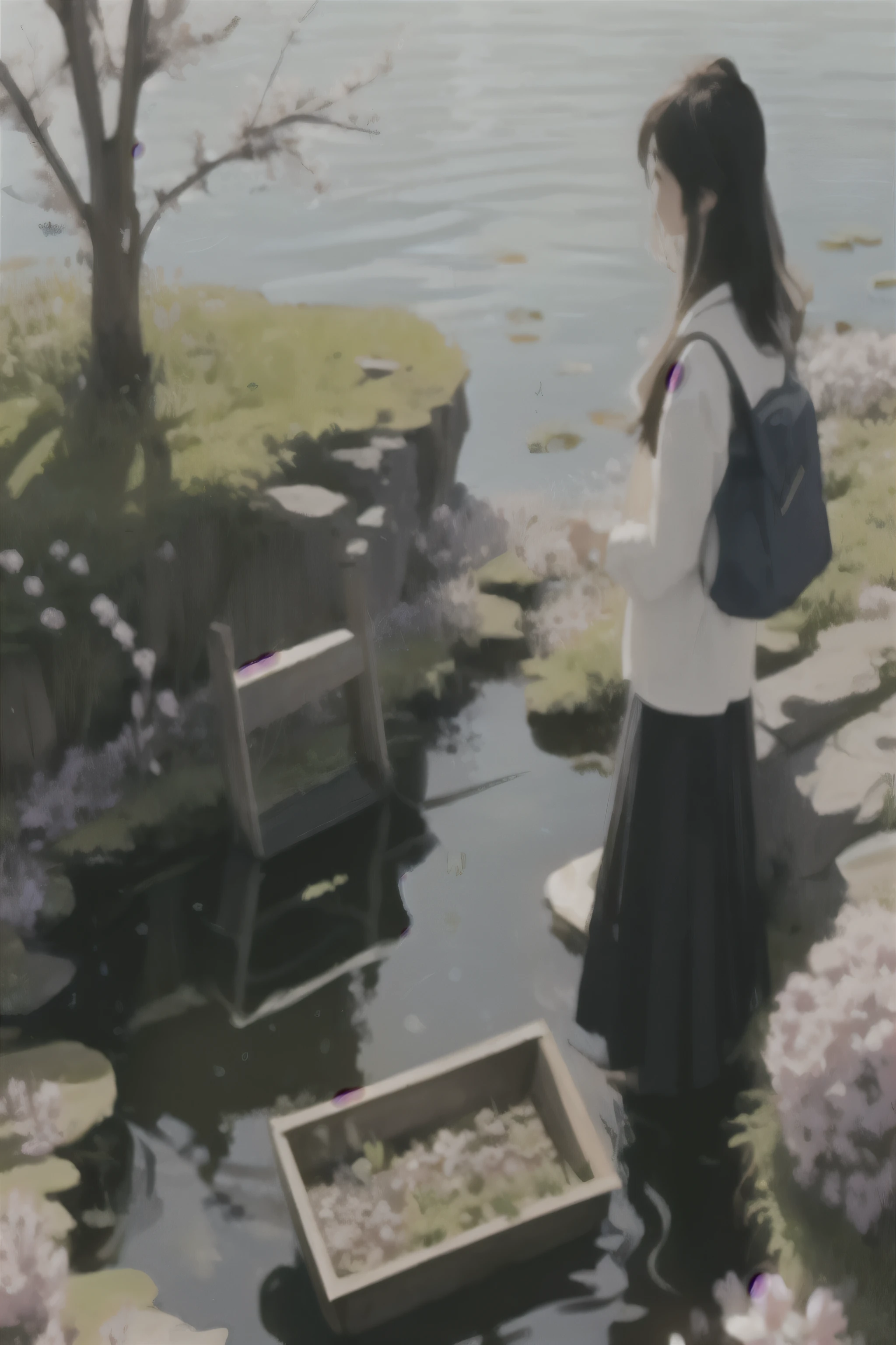There is a woman standing in a pond with a backpack, the most beautiful scene, beautiful animated scenes, in style of Makoto Shinkai, Iwakura Lane, style of Makoto Shinkai, studio glibly Makoto Shinkai, ( ( Makoto Shinkai ) ), Mokoto Shinkai, Makoto Shinkai. —h 2160